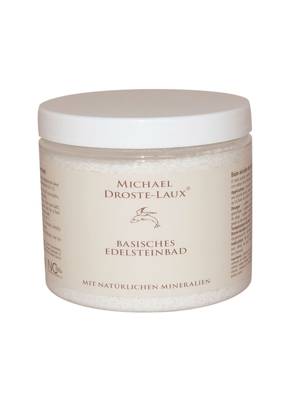 Weißes, rundes Gefäß mit Schraubverschluss. Aufschrift: Michael Droste-Laux Basisches Edelsteinbad. Mit natürlichen Mineralien.