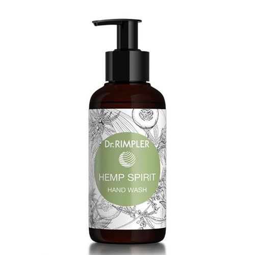 Braune Flasche mit schwarzem Pumpkopf. Auf dem Etikett steht "Dr. Rimpler", "Hemp Spirit" und "Hand Wash".