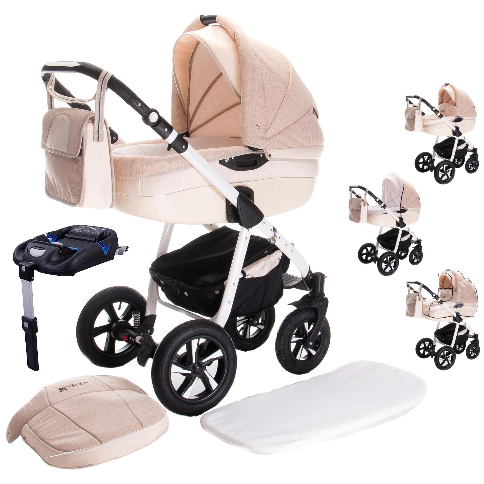 Kinderwagen-Komplettset in Cappuccino. Enthält Babywanne, Sportwagenaufsatz, Wickeltasche, ISOFIX-Basis und Zubehör. Hartgummireifen.