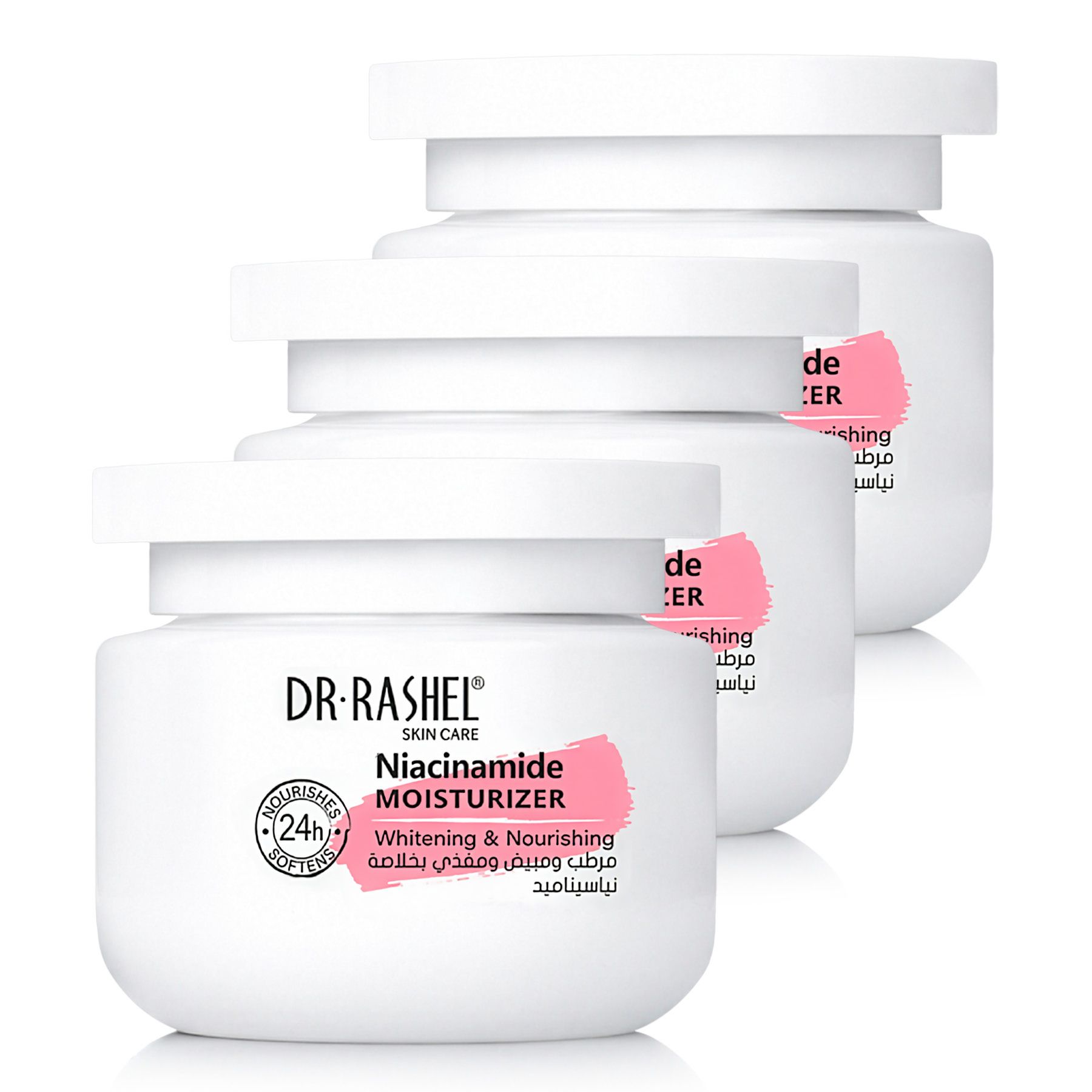 Drei weiße Tiegel mit Dr. Rashel Niacinamid Feuchtigkeitscreme, 24h Nourishing.