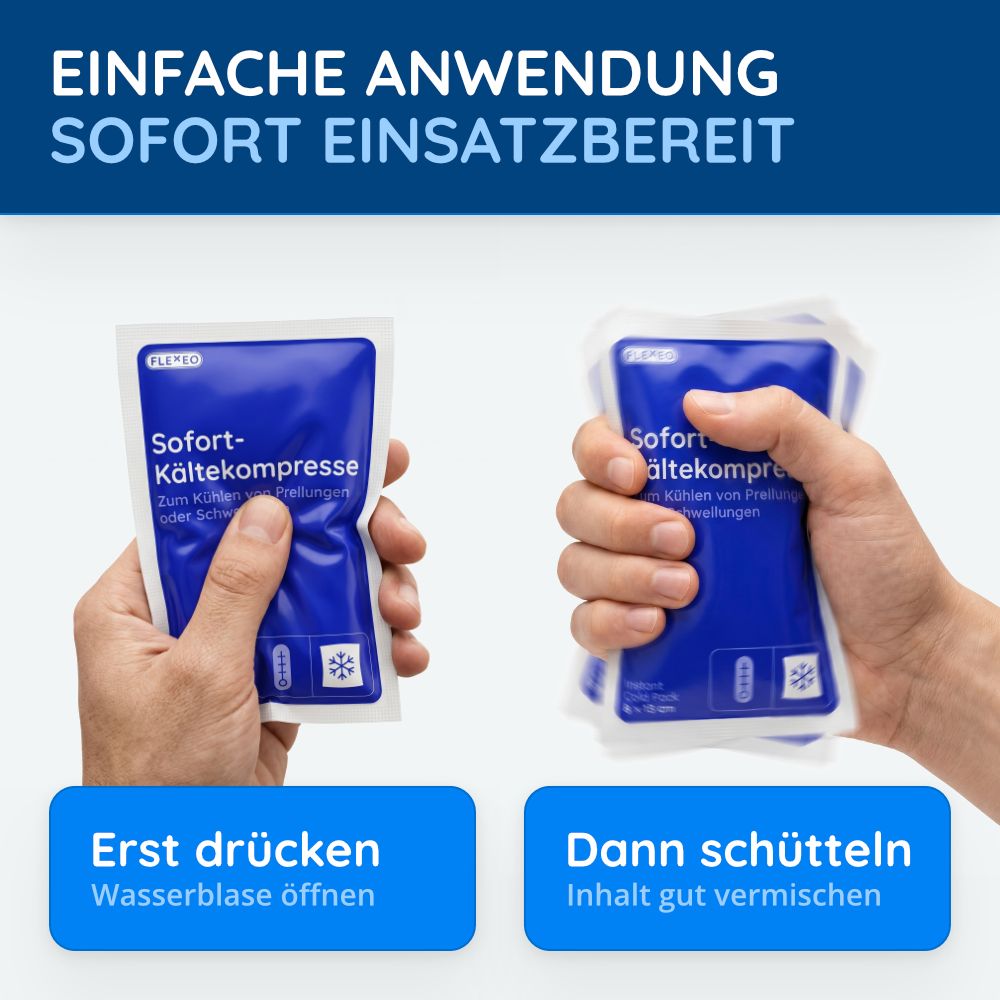 FLEXEO Sofort-Kältekompresse wird in der Hand aktiviert: erst drücken, dann schütteln.