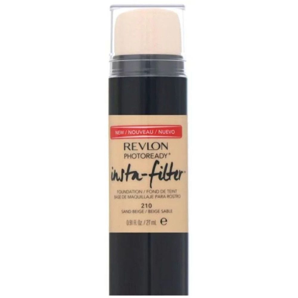 Revlon Insta-Filter Foundation. Schwarze Tube mit Schwammaufsatz. Beige Farbton 210. Aufschrift: NEW, PHOTOREADY, insta-filter.