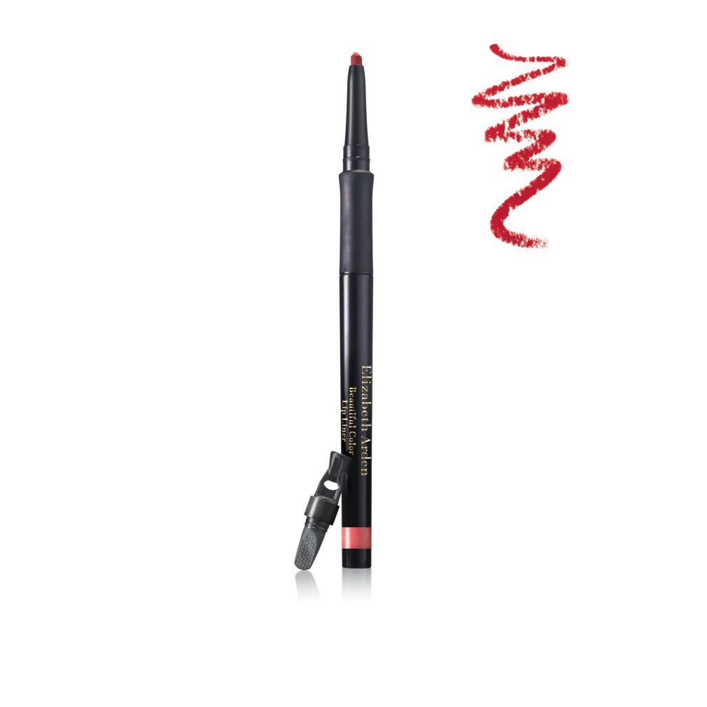 Schwarzer Lippenkonturenstift mit roter Mine und Farbabstrich. Marke Elizabeth Arden.
