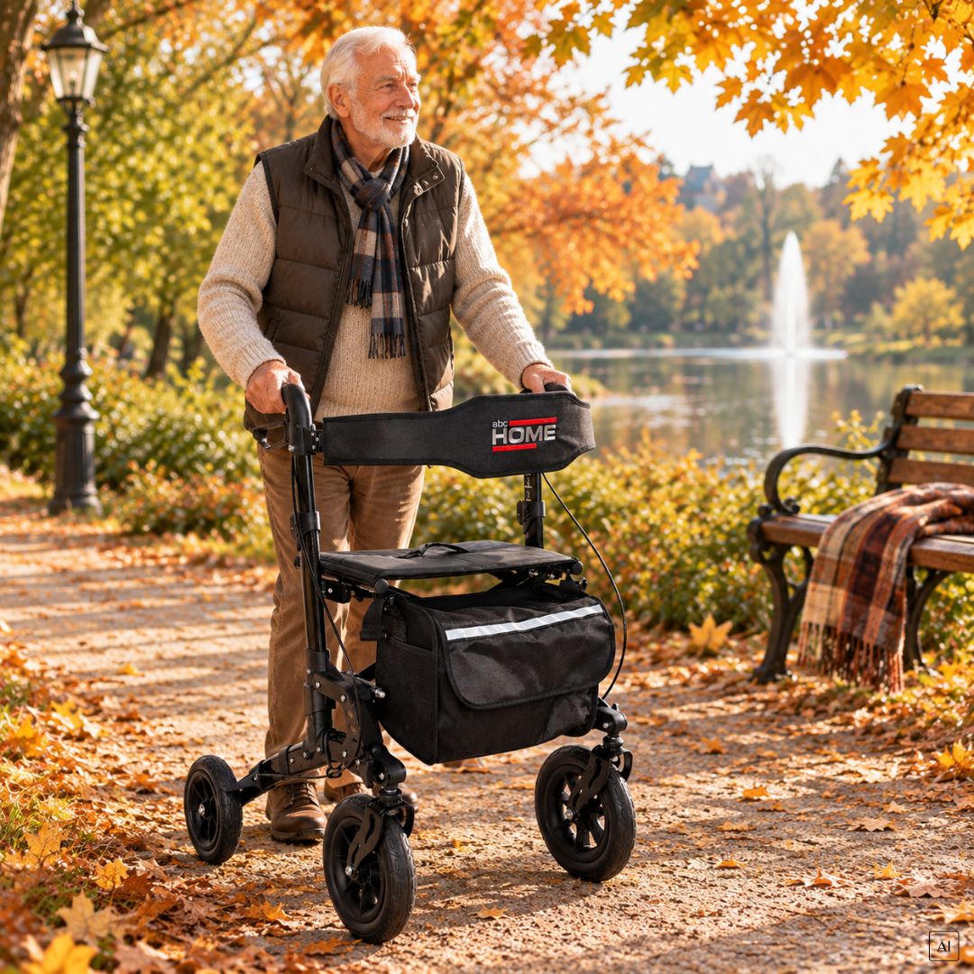 Älterer Mann mit Rollator mit Sitz und Tasche im Herbstpark.