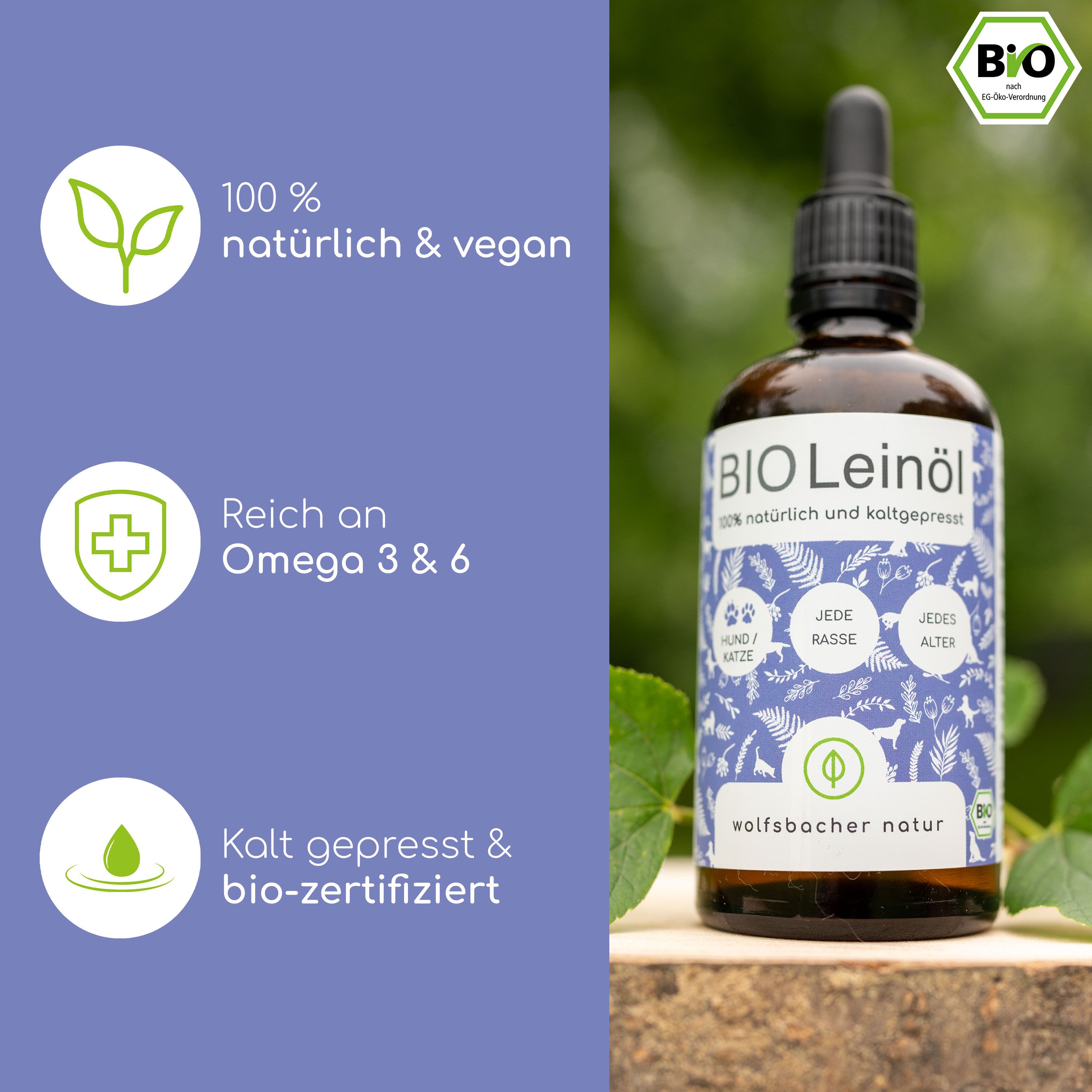 Braune Flasche BIO Leinöl mit Aufschrift. Text: 100% natürlich & vegan, Reich an Omega 3 & 6, Kalt gepresst & bio-zertifiziert.