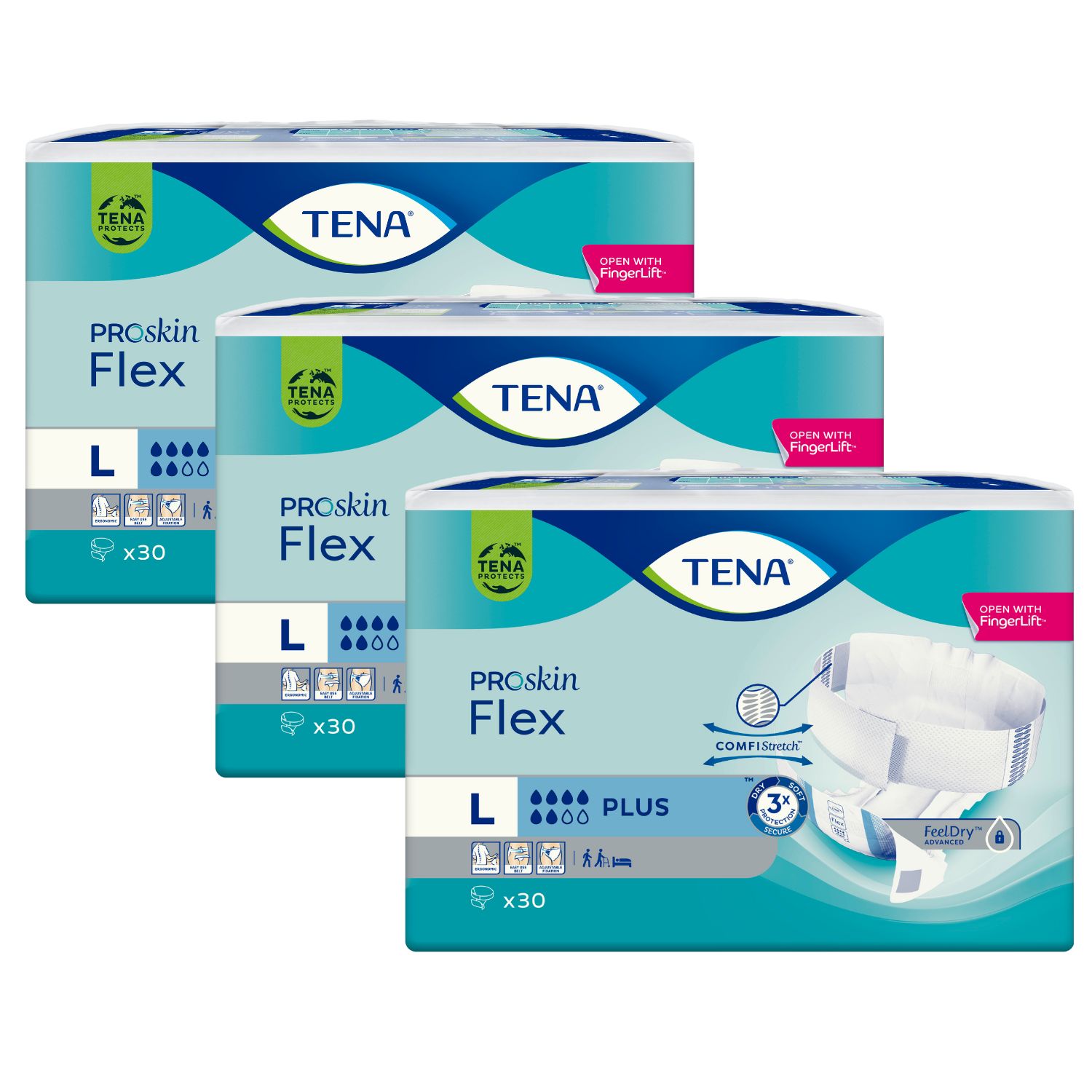 Drei Packungen TENA Flex Plus Large. Jede Packung enthält 30 Stück. Aufdrucke: ProSkin Flex, L, TENA, und weitere Symbole.
