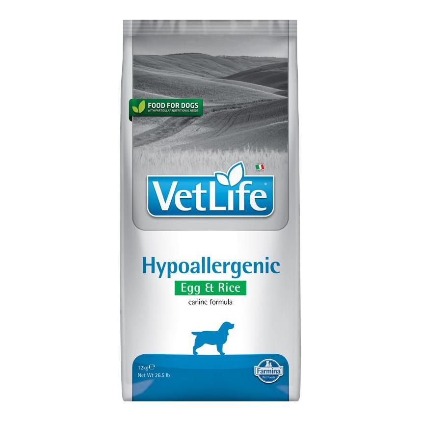 Verpackung Trockenfutter Hund. "VetLife Hypoallergenic Egg & Rice". Blaue Hundesilhouette. Farmina-Logo.