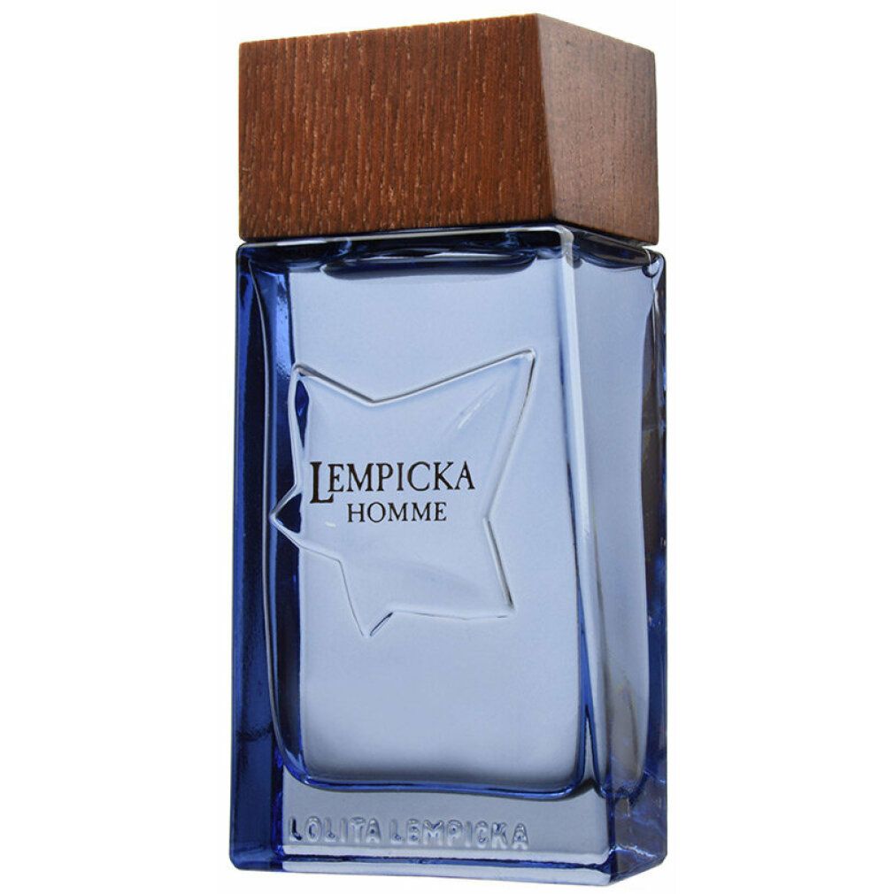 Flacone blu con tappo in legno. Scritta Lempicka Homme. Logo a stella sul flacone.
