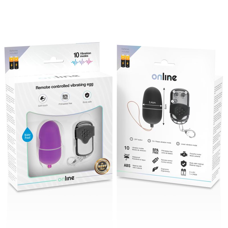 Zwei Produktverpackungen. Auf der linken Seite ein lila Ei und eine Fernbedienung. Auf der rechten Seite ein schwarzes Ei und eine Fernbedienung.