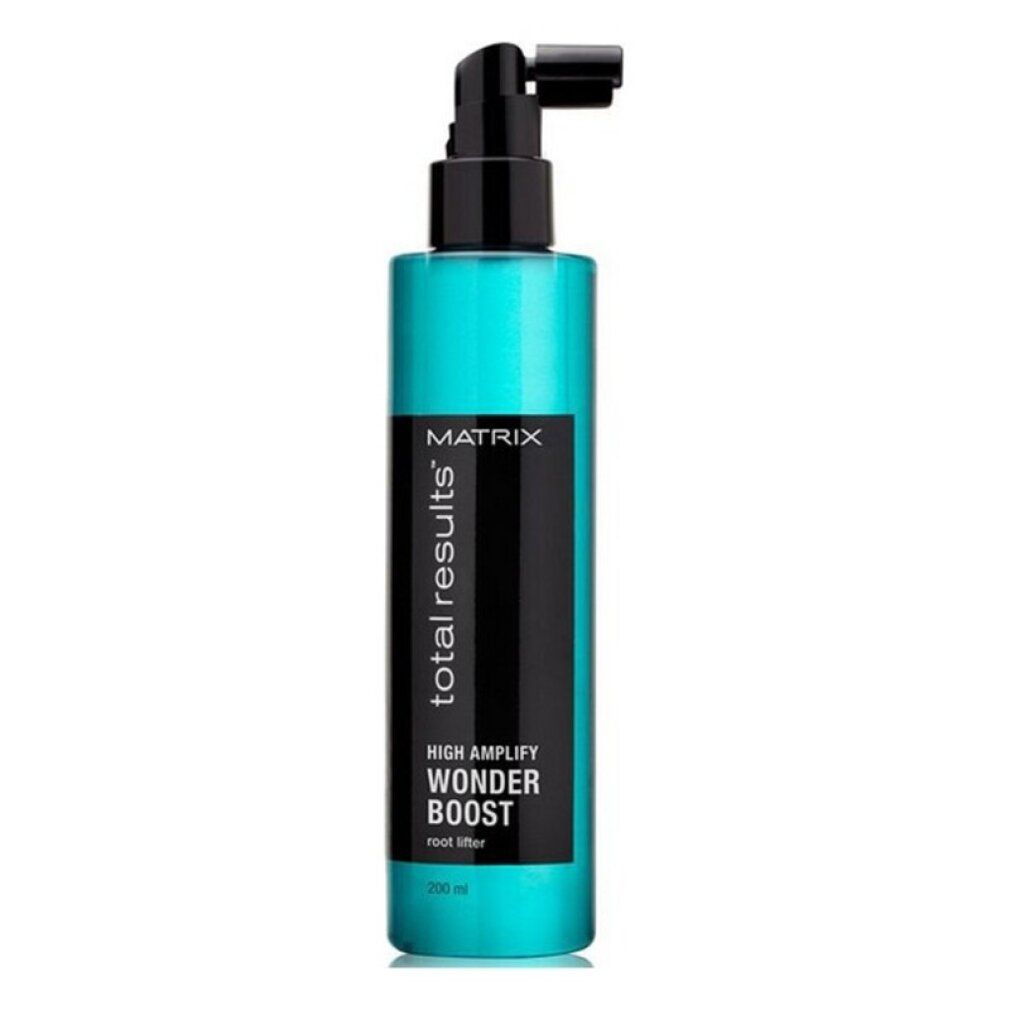 Türkis-schwarze Flasche mit schwarzem Pumpkopf. Aufschrift: Total Results, High Amplify, Wonder Boost, Root Lifter.