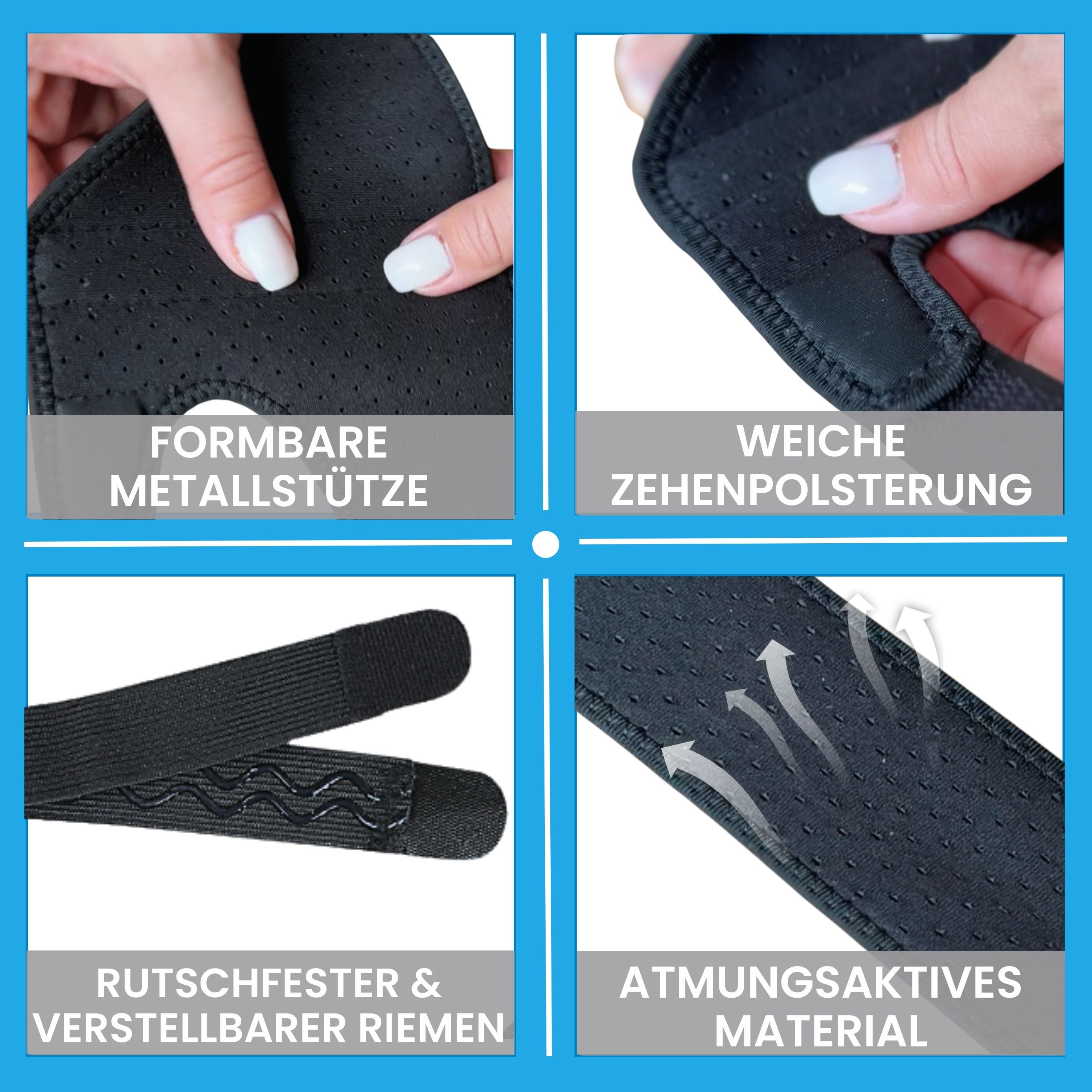 Nahaufnahmen von Produktmerkmalen: formbare Metallstütze, weiche Zehenpolsterung, rutschfester Riemen, atmungsaktives Material.