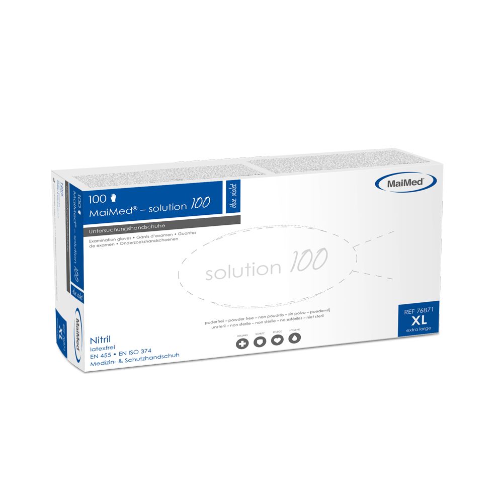 Weiße Schachtel mit Produktinformationen. Aufschrift: MaiMed solution 100, Nitril, XL. Blaue und violette Akzente.
