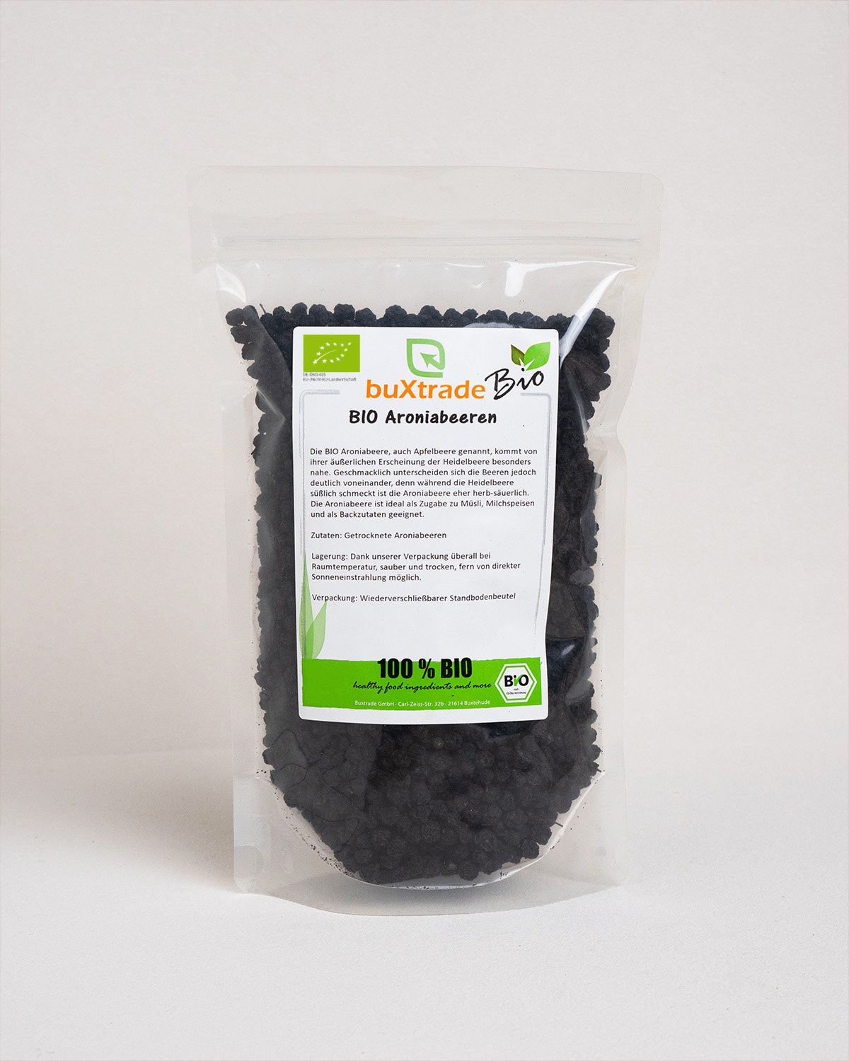 Verpackung mit getrockneten BIO Aroniabeeren, mit Bio-Siegel.