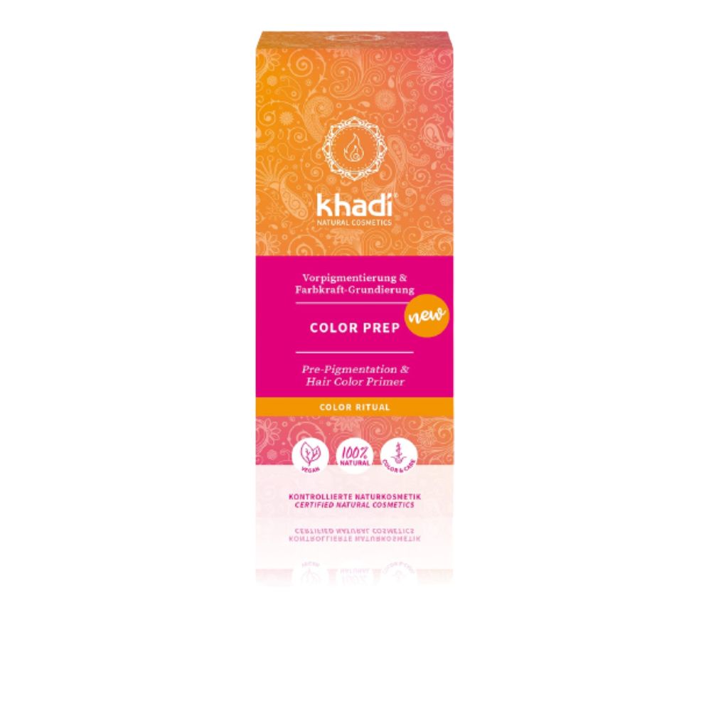 Verpackung mit Produktnamen "COLOR PREP". Pinke Schrift auf orangefarbenem Hintergrund. "100% natürlich"-Siegel.