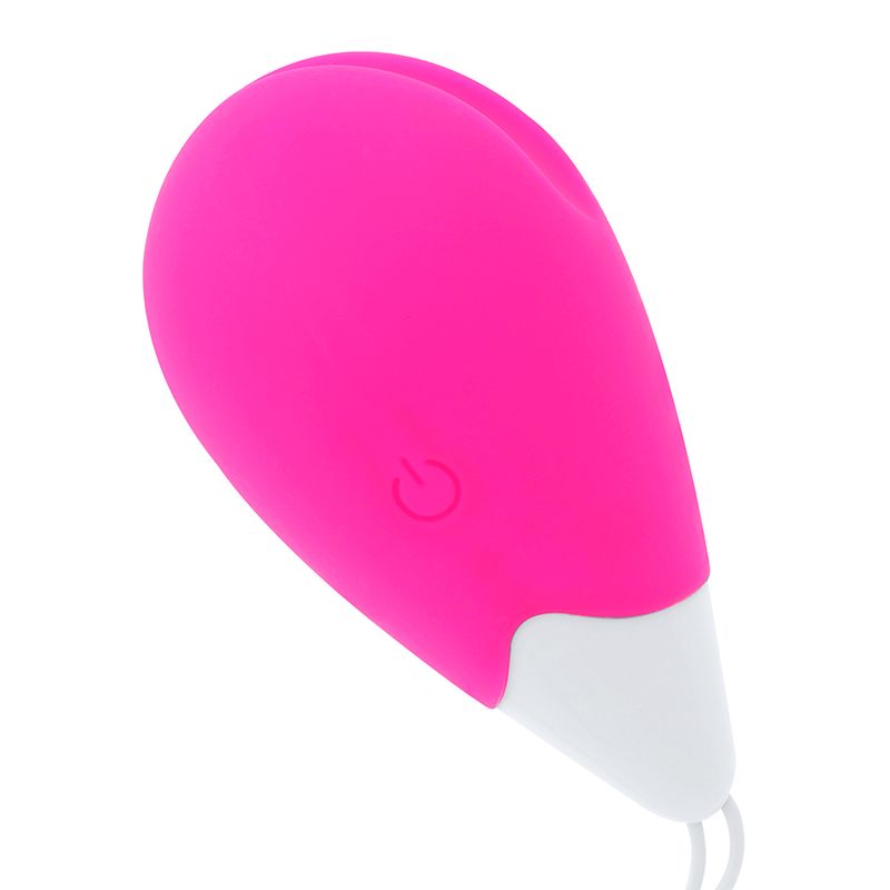 Eiförmiges Gerät, pink mit weißem Ende. Auf der Oberfläche ein Ein/Aus-Symbol. Weiße Schlaufe am Ende.