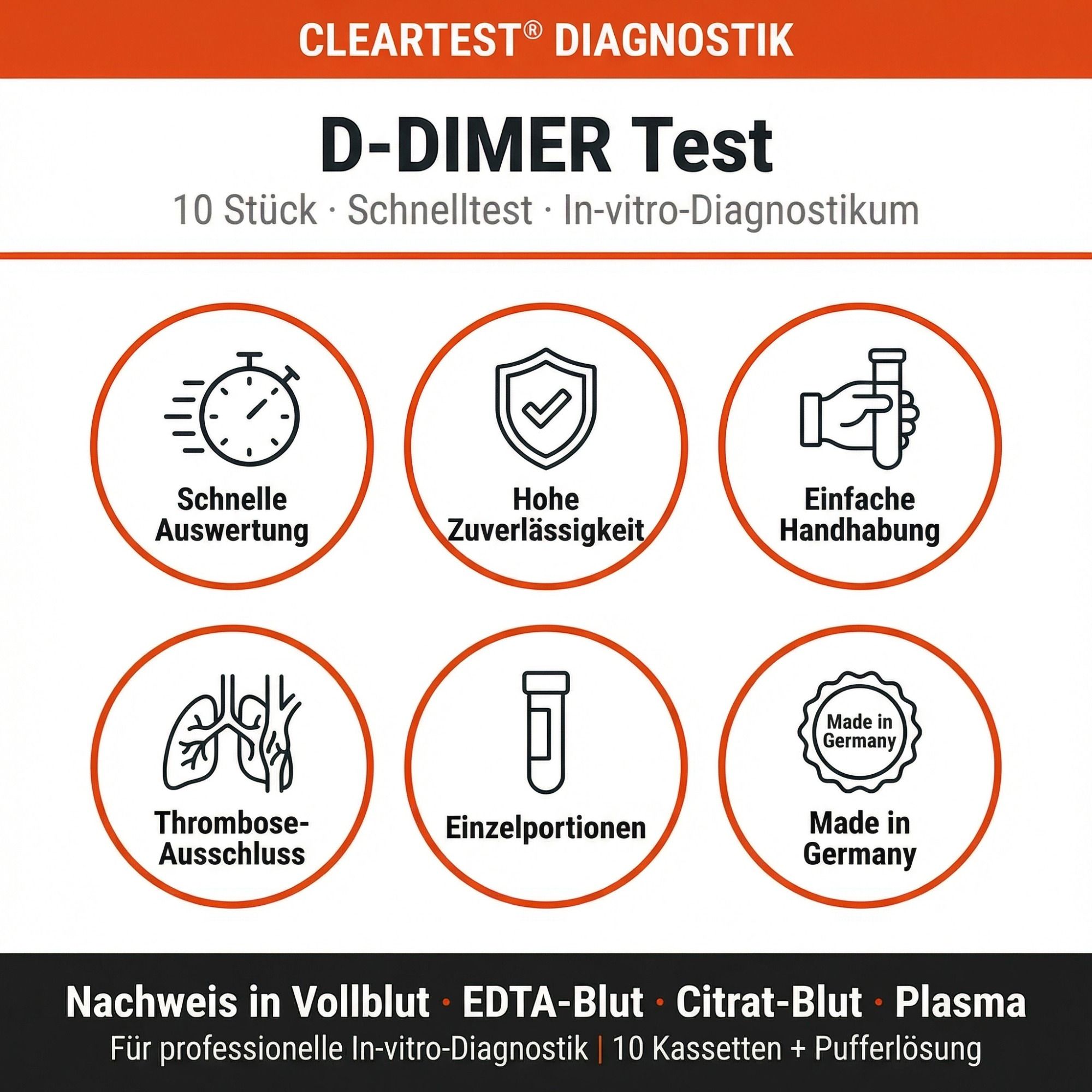 Cleartest D-Dimer Test: Icons für schnelle Auswertung, Zuverlässigkeit, einfache Handhabung, Made in Germany.