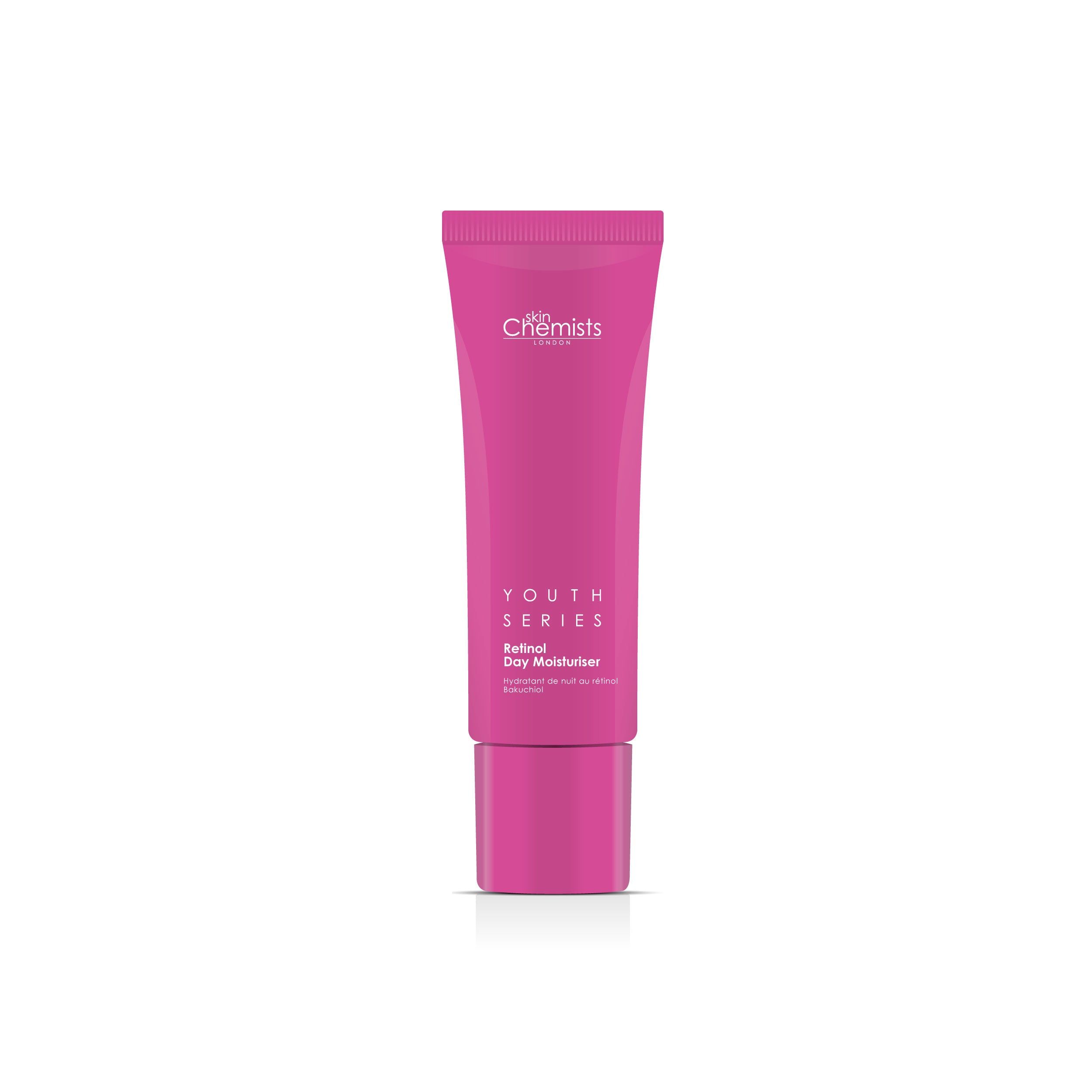 Rosa Tube mit weißem Schriftzug. Aufschrift: Youth Series, Retinol Day Moisturiser. Marke: skinChemists.