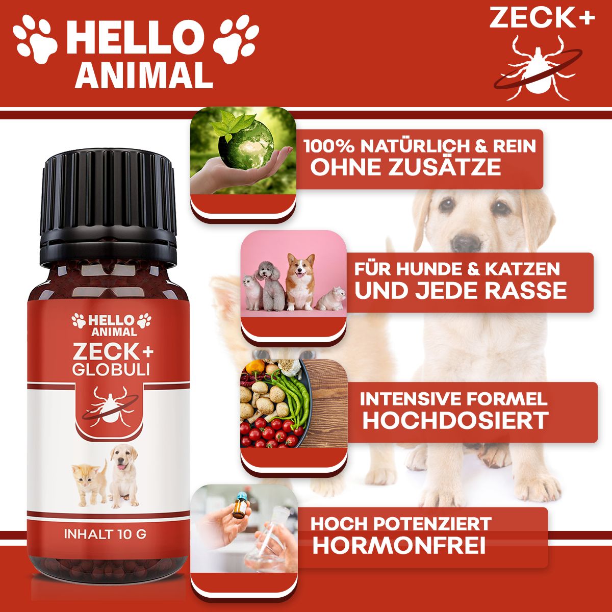 Produktflasche mit Text und Bildern. Zusätzliche Bilder zeigen Natur, Tiere, Zutaten. Text: 100% natürlich & rein, für Hunde & Katzen.