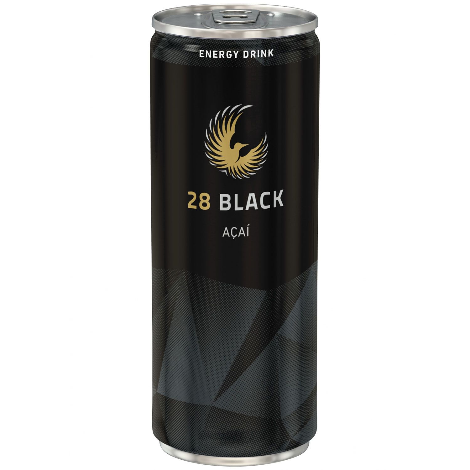 Schwarze Getränkedose mit Aufschrift "28 BLACK Açai". Oben steht "Energy Drink". Goldener Adler als Logo.
