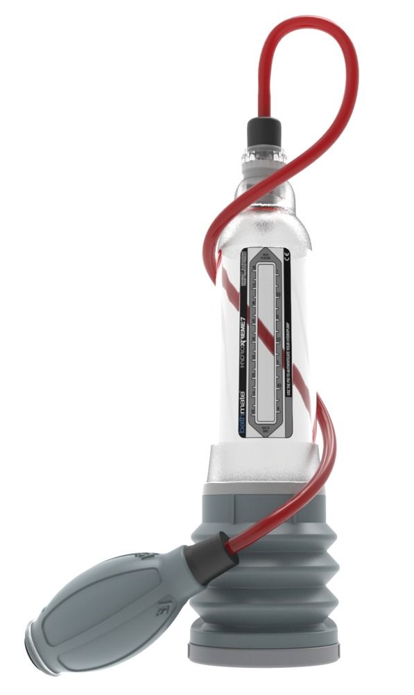 Hydrauliksystem mit transparentem Zylinder, grauem Balg und roter Schlauchverbindung. Grauer Pumpball.