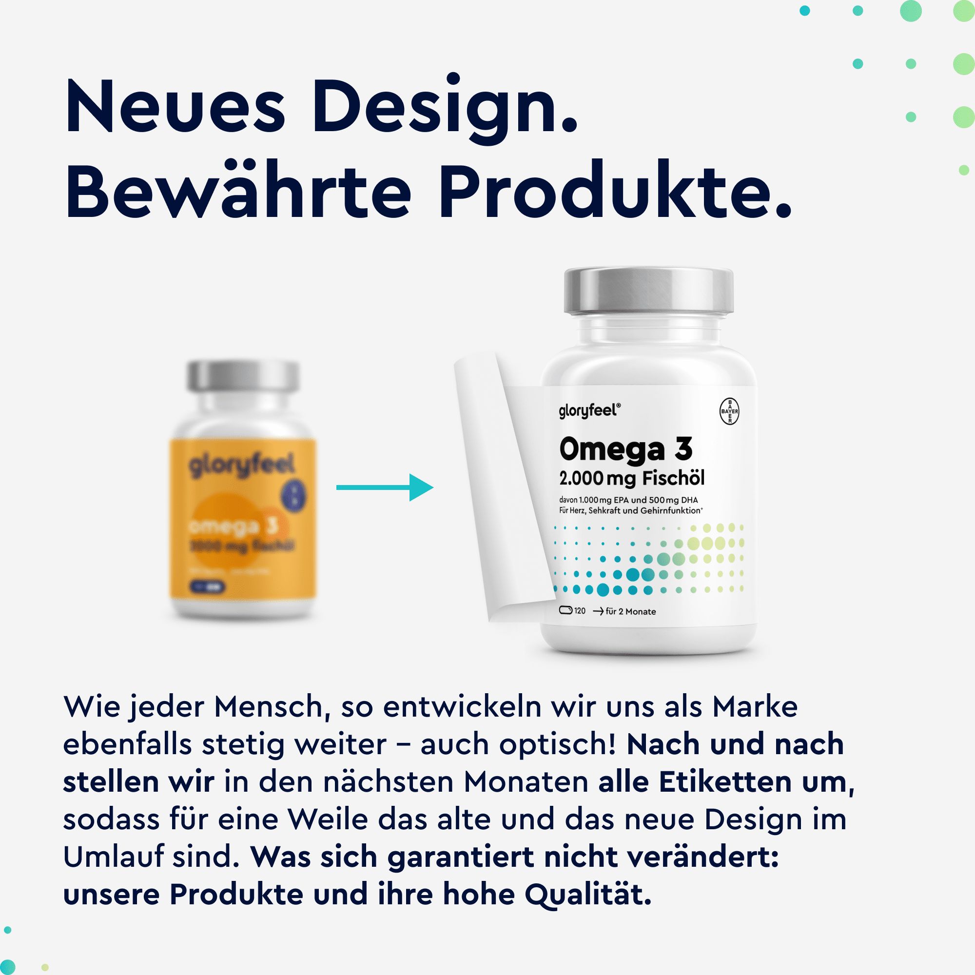 Vergleich: Alte und neue gloryfeel Omega 3 Flasche. Text über neues Design und bewährte Produkte.