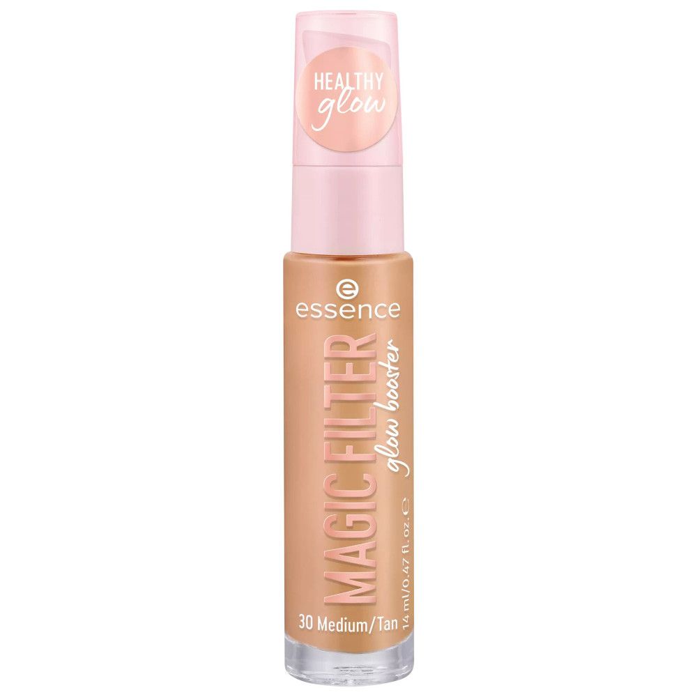 Foundation-Fläschchen mit rosa Pumpe. Aufschrift: Essence, Magic Filter, Glow Booster. Farbton: 30 Medium/Tan.