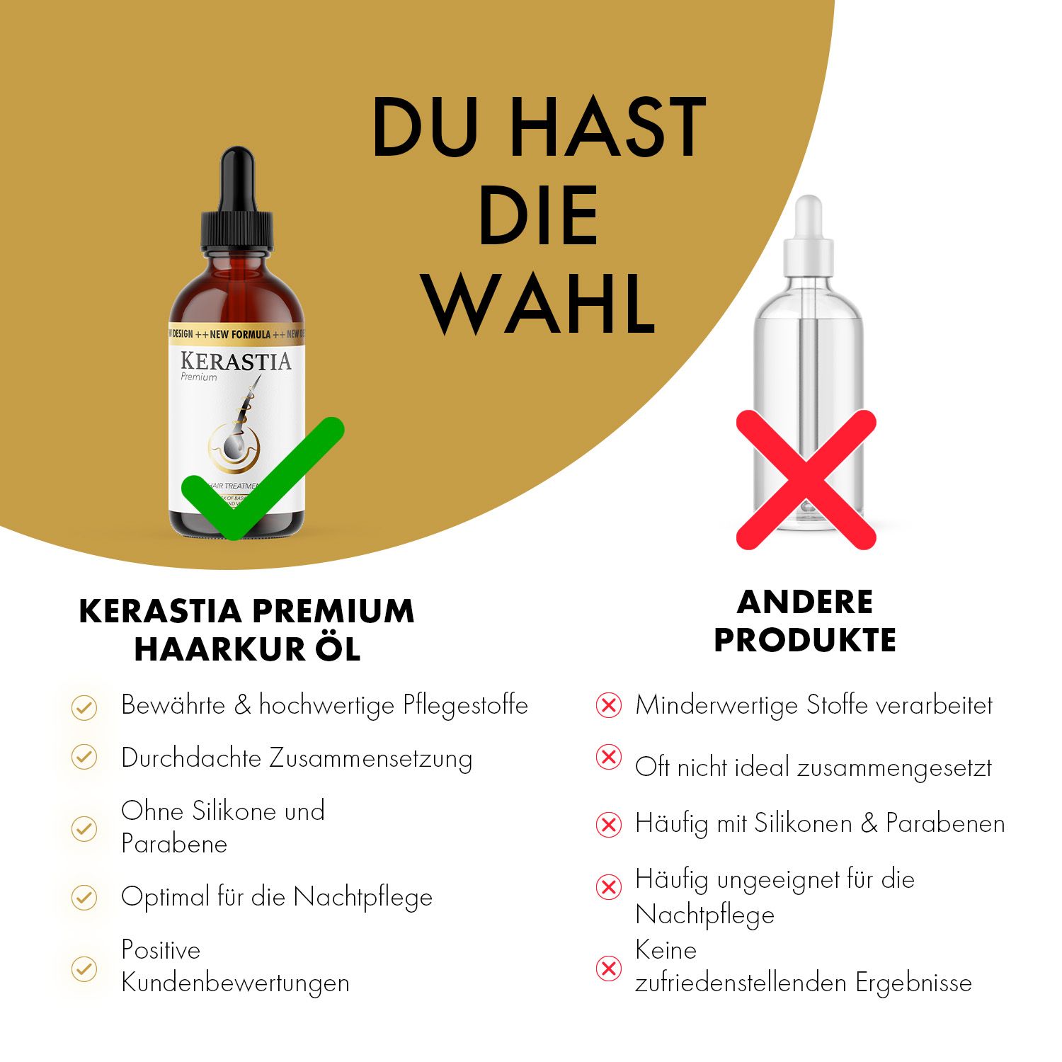 Vergleich von zwei Produkten. Links: KERASTIA Haarkur Öl. Rechts: Anderes Produkt. Text mit Vorteilen.