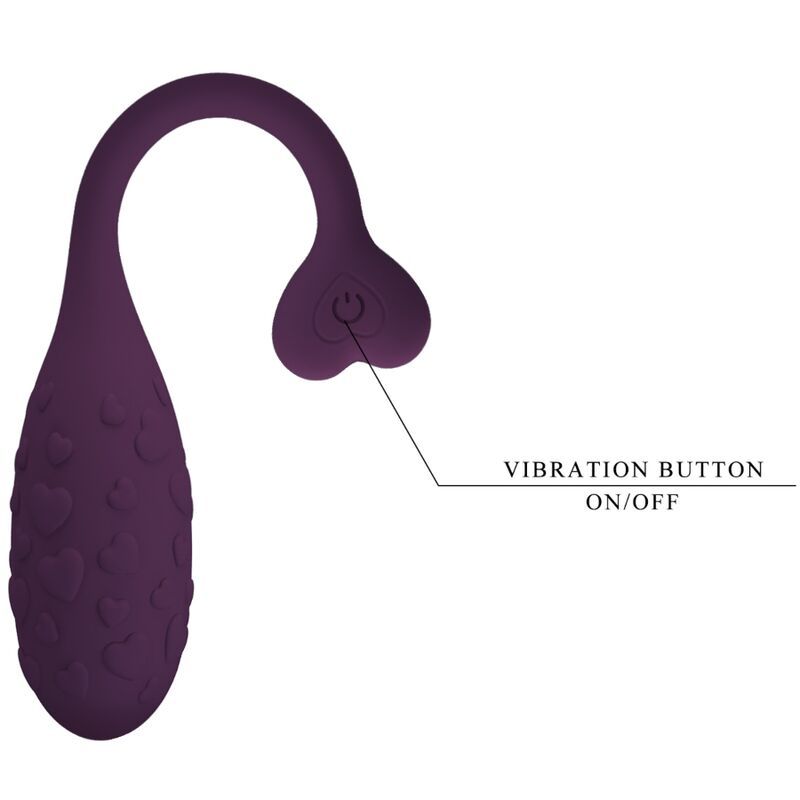 Lila Ei-förmiges Produkt mit Herz-Form am Ende. Oberfläche mit Herz-Mustern. Mit Ein/Aus-Knopf.