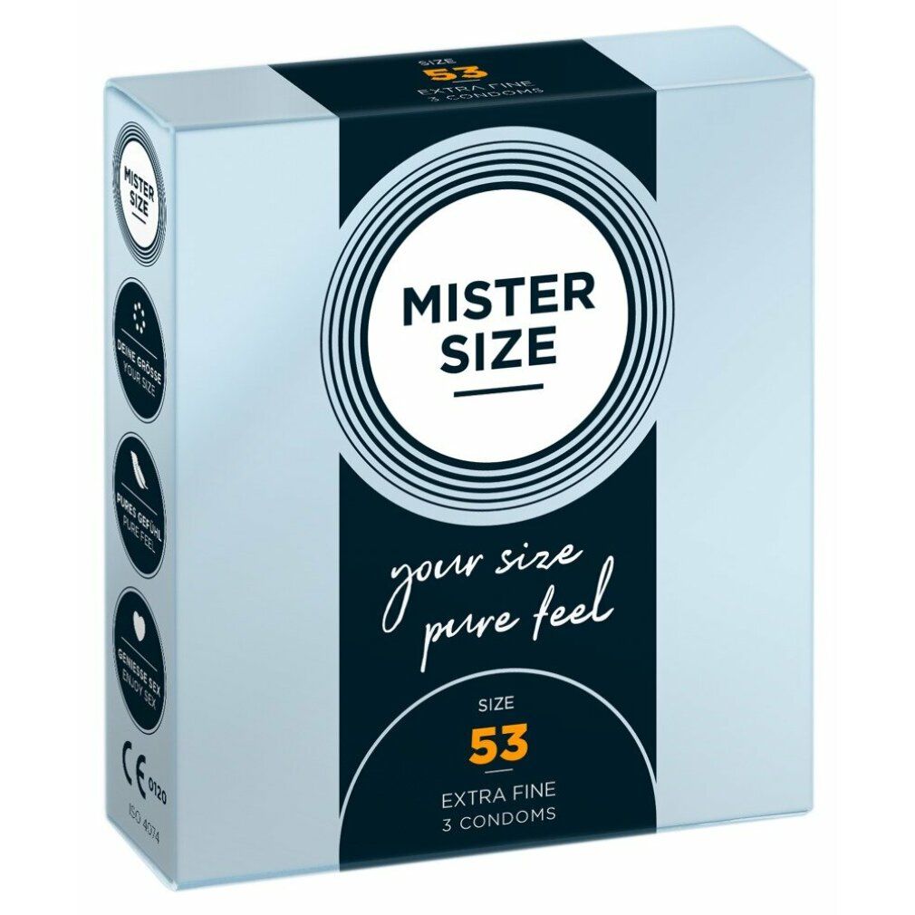 MISTER SIZE Kondomverpackung. Hellblau mit blauem Streifen. Text: MISTER SIZE, your size pure feel, 53, Extra Fine, 3 Kondome.