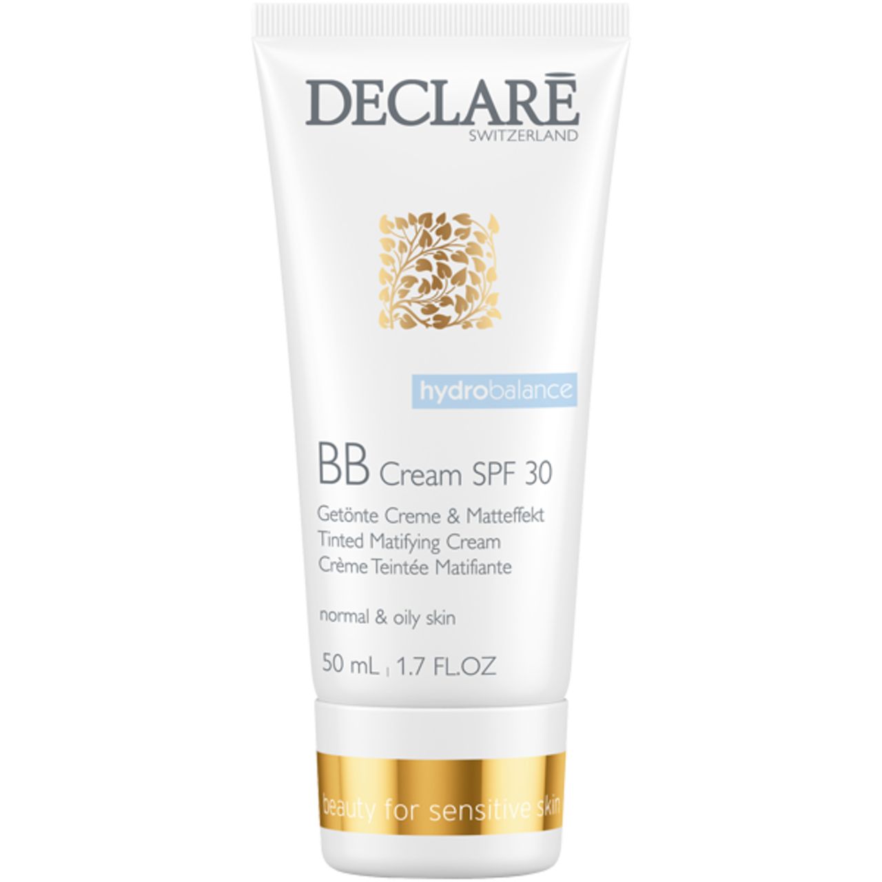Weiße Tube mit DECLARÉ-Logo, BB Cream SPF 30, hydrobalance. Für normale bis fettige Haut. 50 ml.