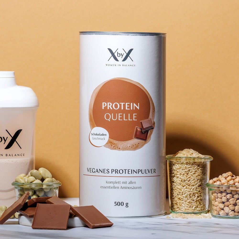 XbyX® Protein Quelle Schokolade - veganes 3K Proteinpulver für Frauen ab 40 - Zuckerfrei