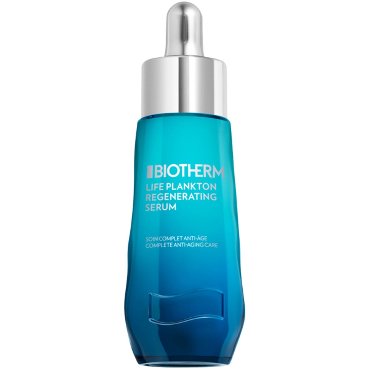Blau-transparente Flasche mit silbernem Applikator. Aufschrift: Biotherm Life Plankton Regenerating Serum.