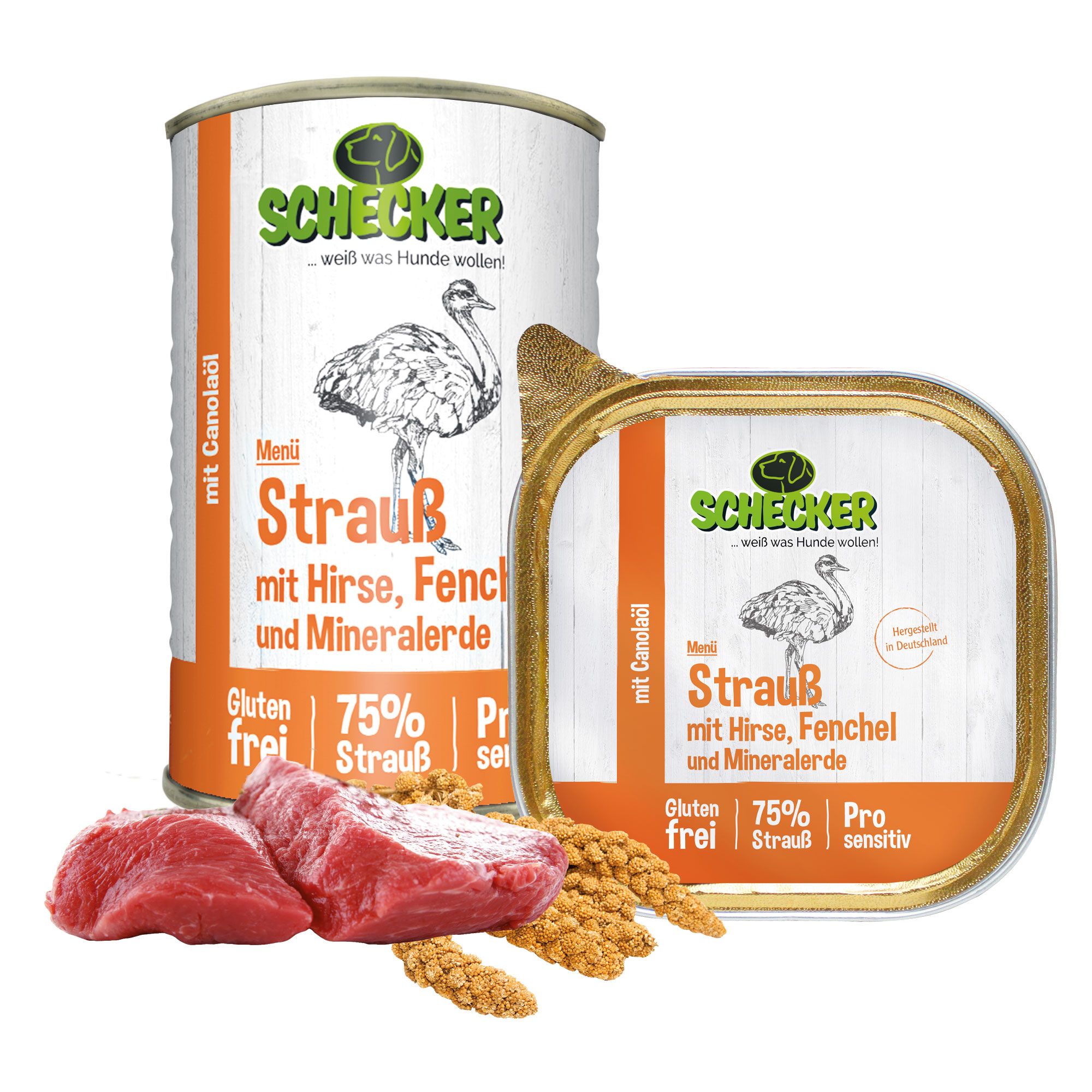 Schecker Hundemenü - 75% Strauß mit Hirse Fenchel und Mineralerde -glutenfrei