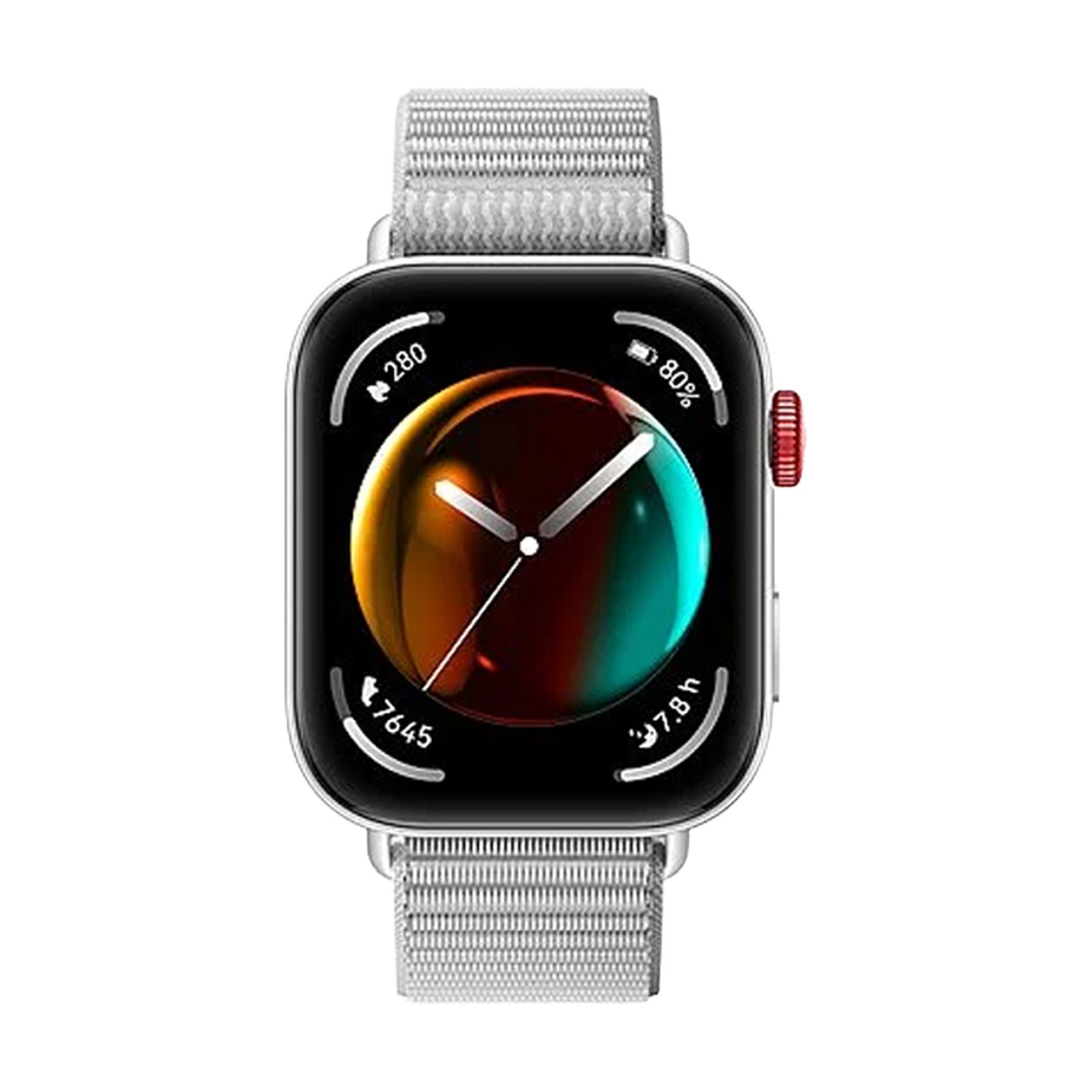 Smartwatch mit silbernem Gehäuse und grauem Textilarmband. Roter Knopf. Zifferblatt mit farbiger Anzeige. Zeigt Daten an.