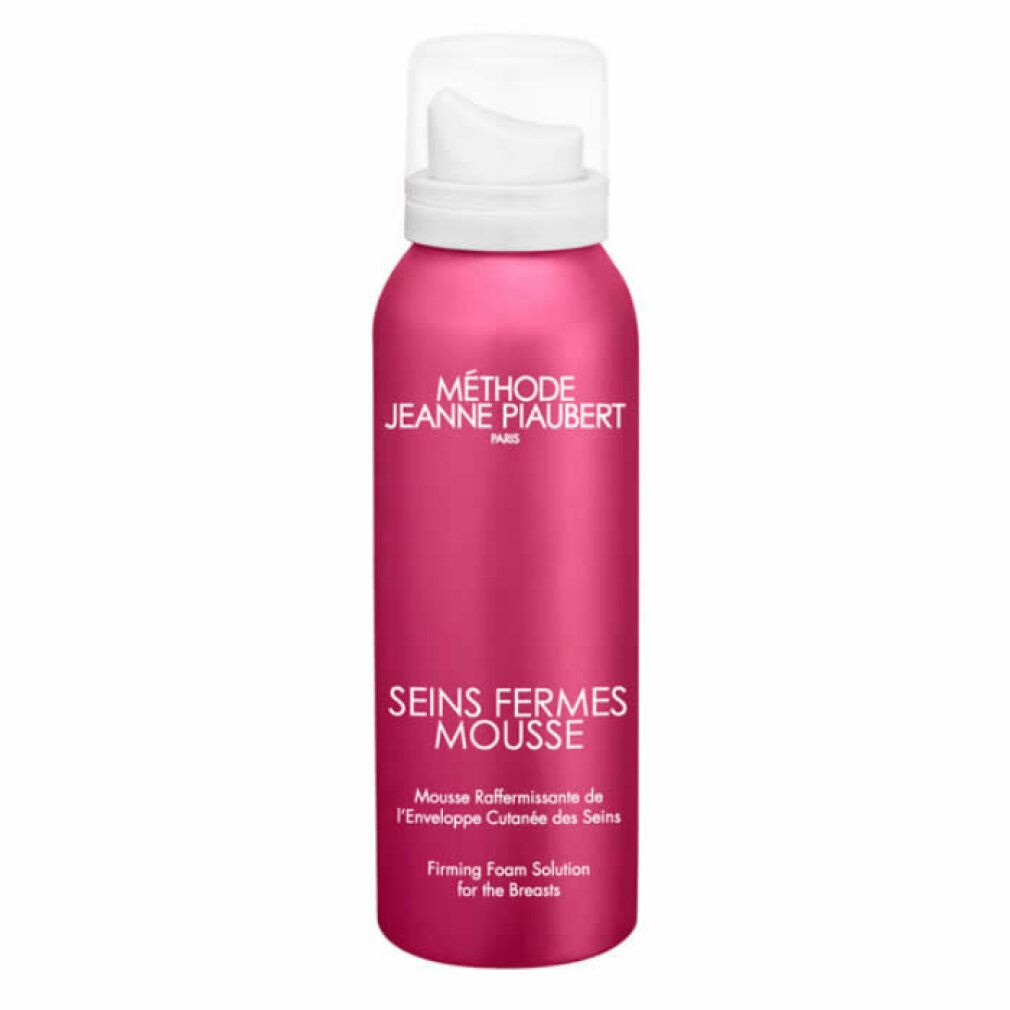 Rosa Flasche mit weißem Pumpkopf. Aufschrift: Methode Jeanne Piaubert, Seins Fermes Mousse. Französische und englische Texte.