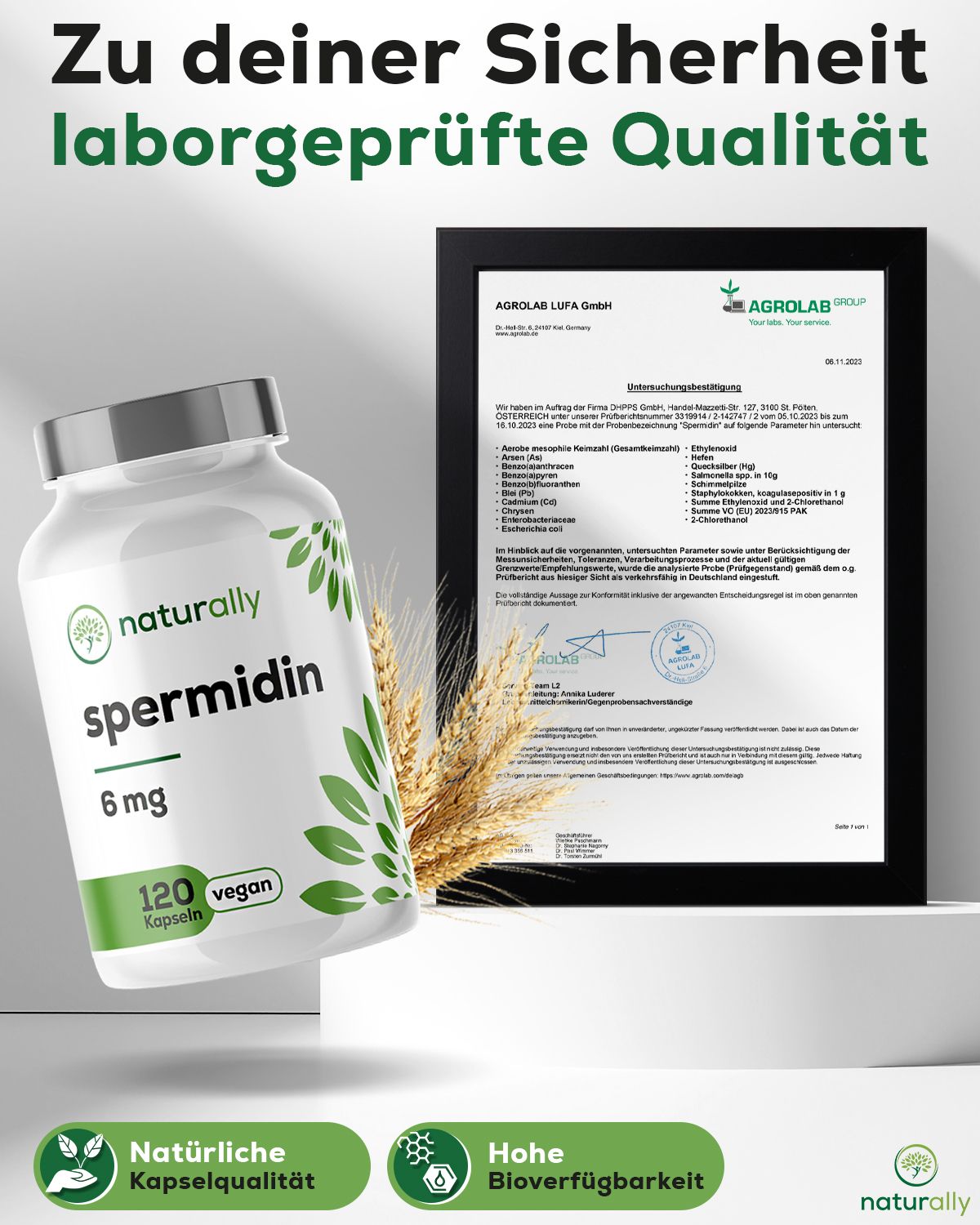 Flasche "naturally spermidin 6 mg" neben Zertifikat. Text: "Laborgeprüfte Qualität". Natürliche Kapselqualität, hohe Bioverfügbarkeit.