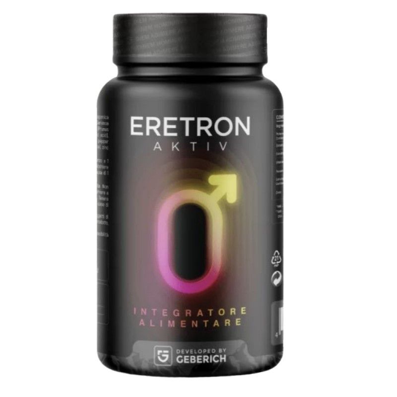 Schwarze Flasche mit "Eretron Aktiv"-Etikett. Männliches Symbol. "Integratore Alimentare" darunter. Entwickelt von Geberich.