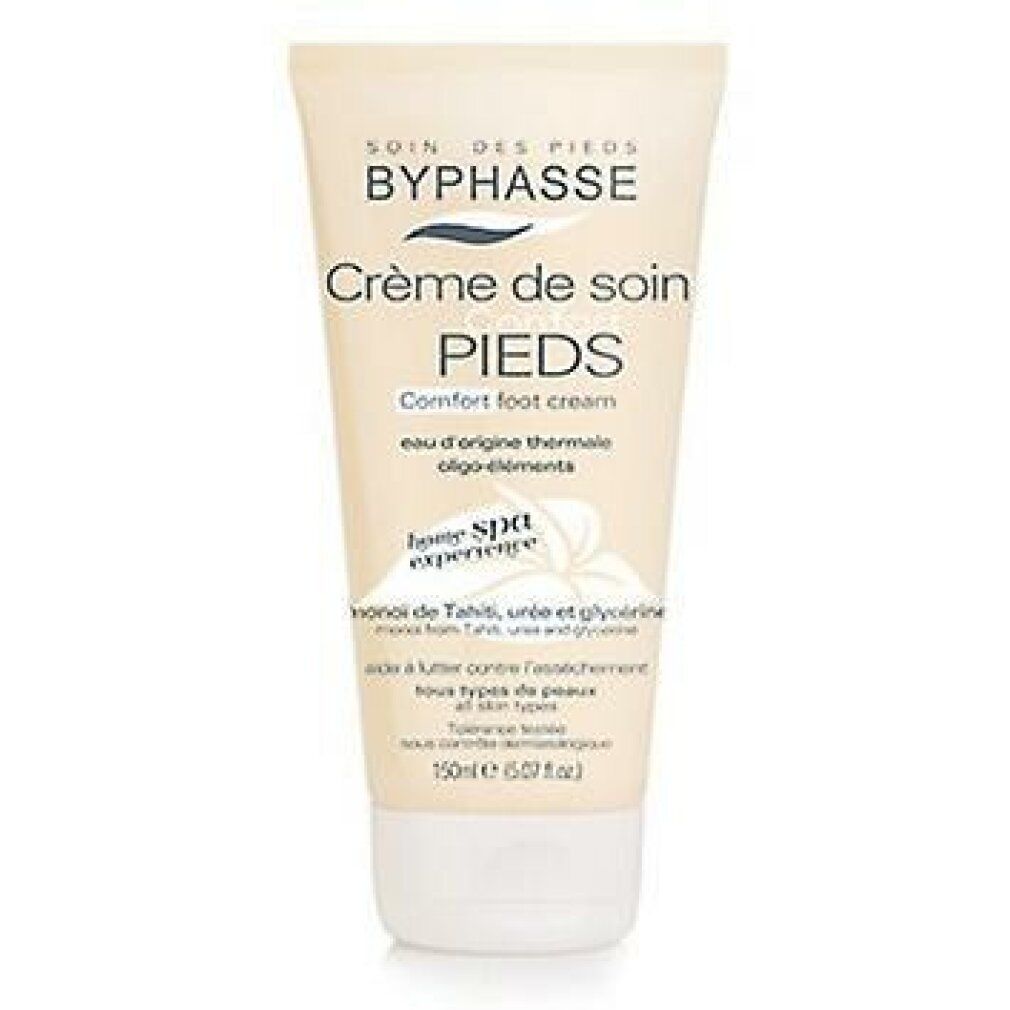 Creme-Tube. Marke Byphasse. Text: Crème de soin PIEDS, Comfort foot cream. Weiße Kappe. Beige Tube mit floralem Logo.