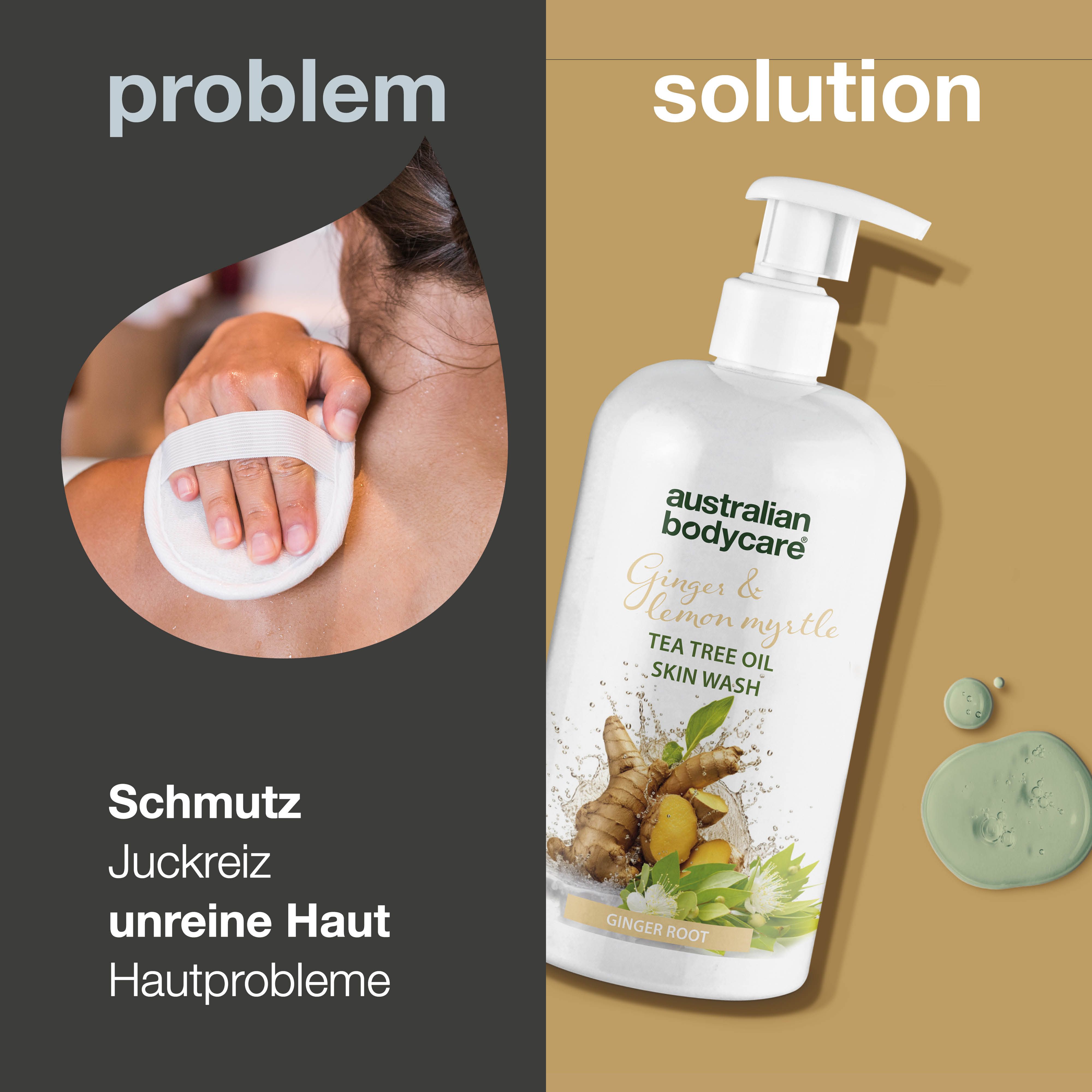 Produktflasche und Person. Text: Problem, Lösung. Aufschrift: Australian Bodycare, Ginger & Lemon Myrtle, Tea Tree Oil Skin Wash.