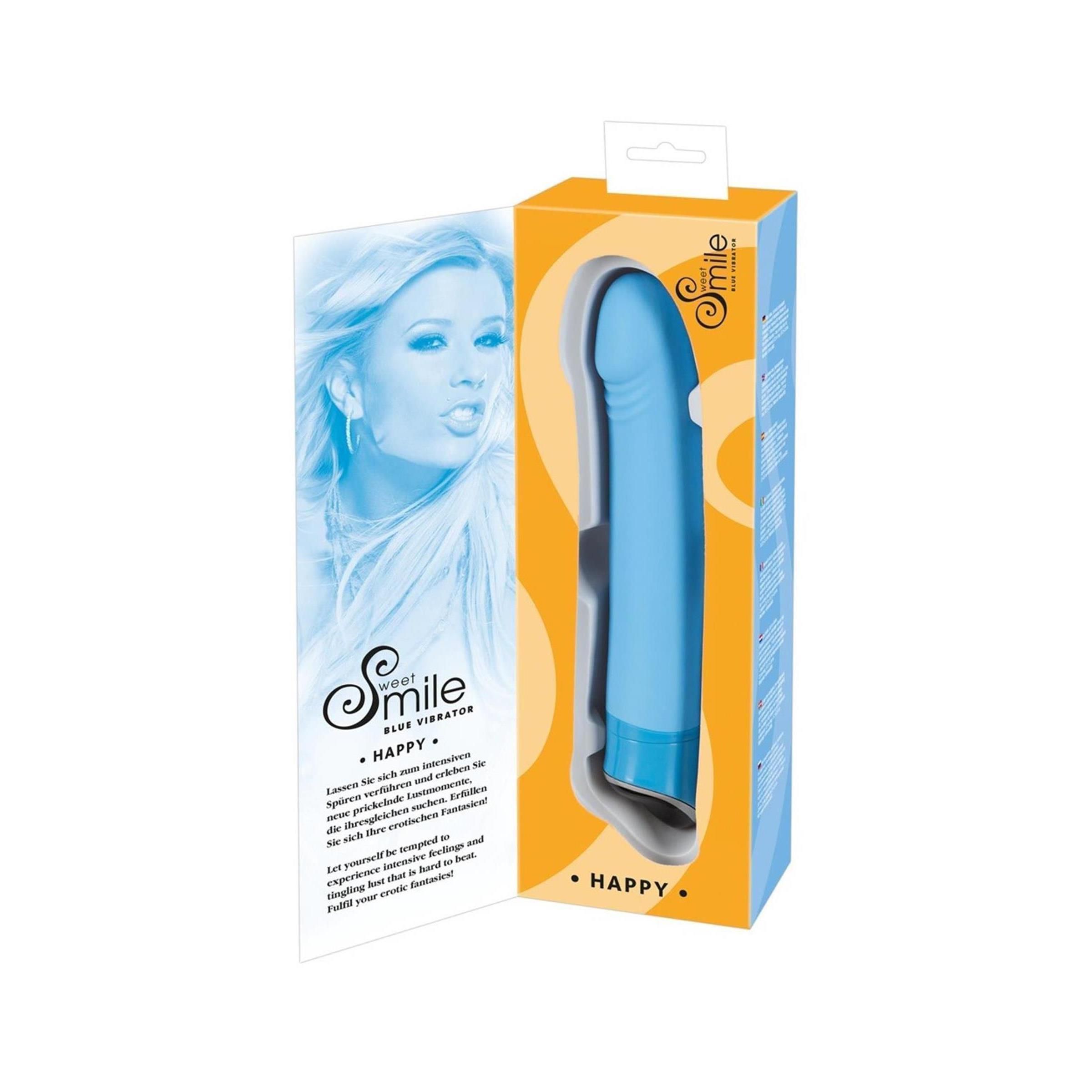 Blauer Vibrator in Verpackung. Aufschrift: Sweet Smile, Happy. Verpackung mit Aufhänger. Produktname und Logo sichtbar.