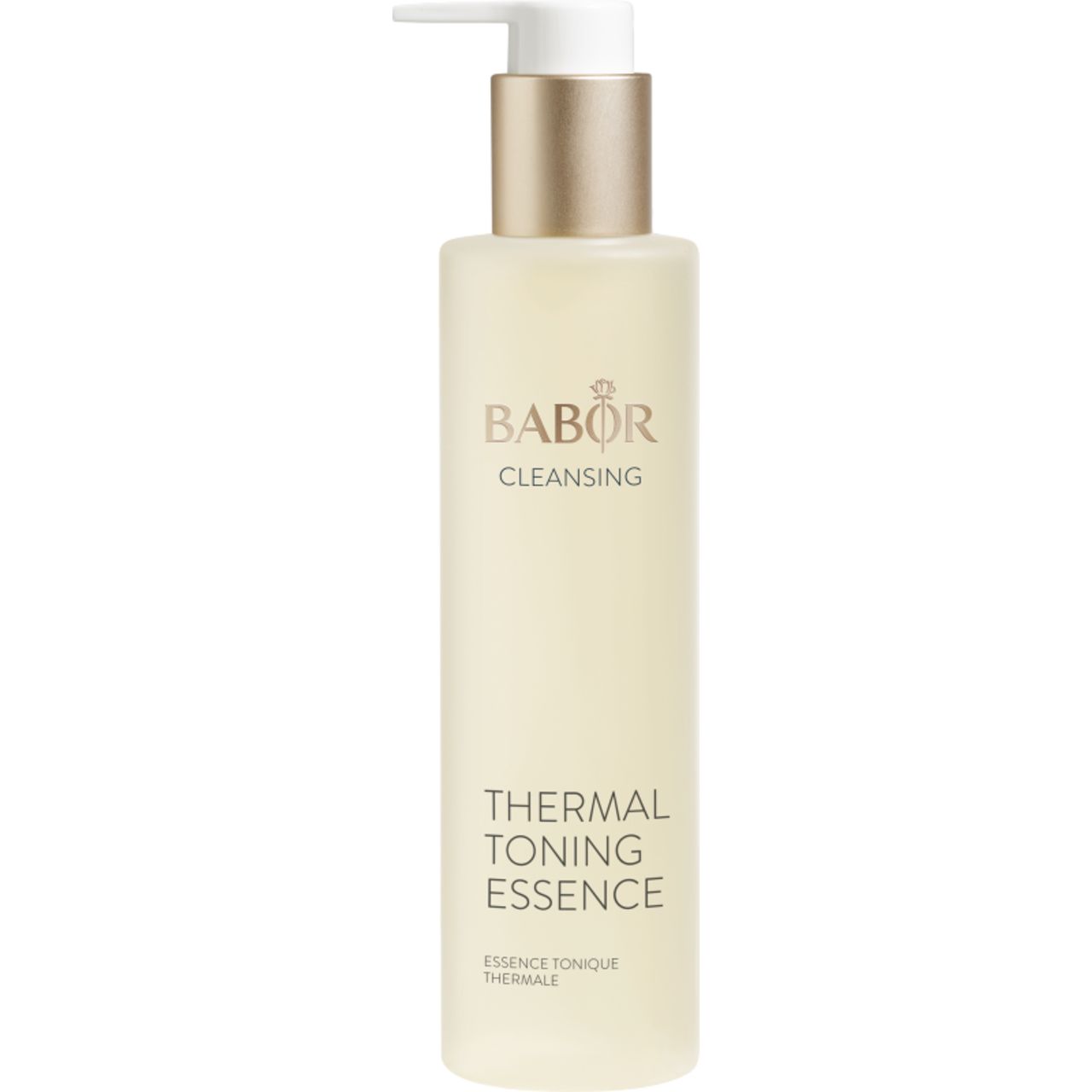 Babor Cleansing Thermal Toning Essence. Flasche mit Dosierpumpe. Text: Thermal Toning Essence, Cleansing. Farblich: Beige, Gold, Weiß.