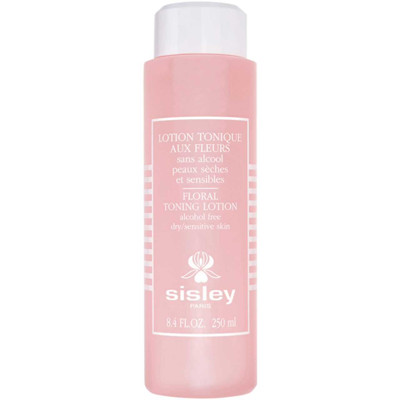 Rosa Flasche mit weißem Deckel. Aufschrift: Lotion Tonique aux Fleurs, Sisley. Für trockene, empfindliche Haut.