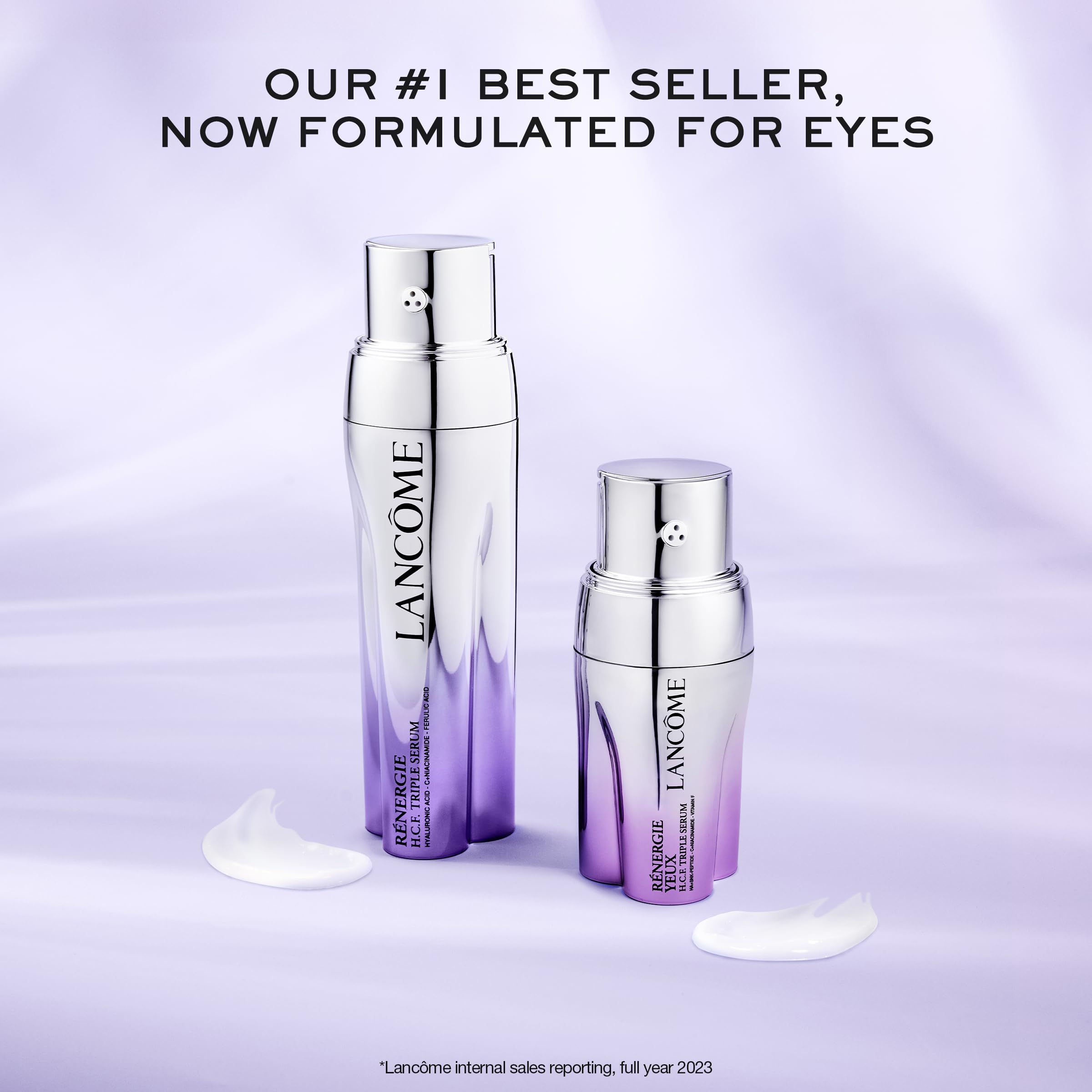Zwei Lancôme Rénergie Yeux H.C.F. Triple Serum Flakons. Creme-Ablagerungen. Text: Our #1 Best Seller, Now Formulated for Eyes.