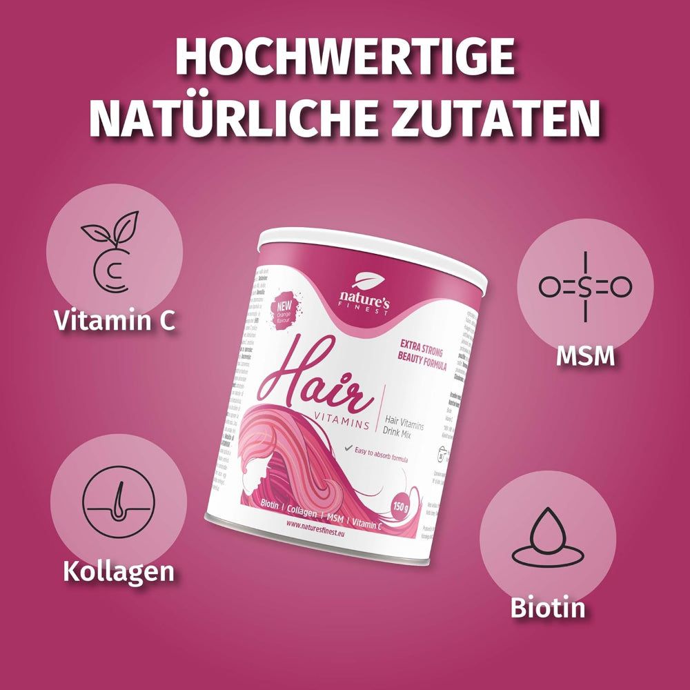 Nature's Finest Hair Vitamins Dose. Inhaltsstoffe: Vitamin C, Kollagen, MSM, Biotin. Rosa Hintergrund mit Icons.