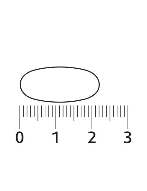 Eine einzelne, ovale Tablette neben einer Messskala. Die Tablette ist etwa 2 cm lang.
