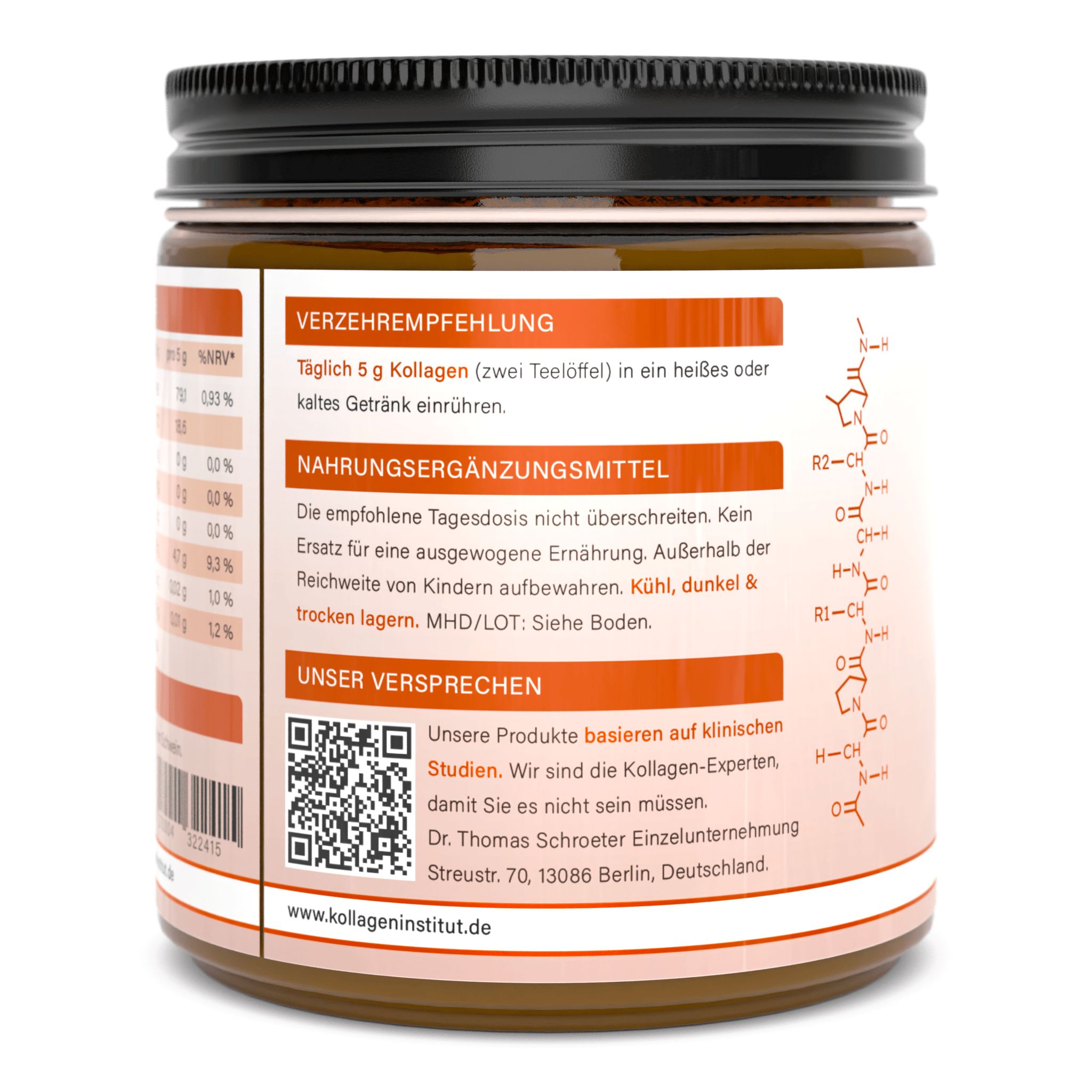 Rückseite einer Dose mit Produktinformationen. Text in Deutsch. QR-Code und Logo Kollagen Institut.