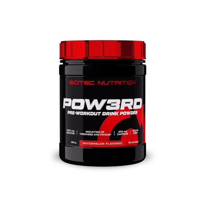 Schwarze Dose mit rotem Deckel. Aufschrift: Scitec Nutrition, POW3RD, Pre-Workout Drink Powder. Geschmack: Wassermelone. Enthält Koffein.