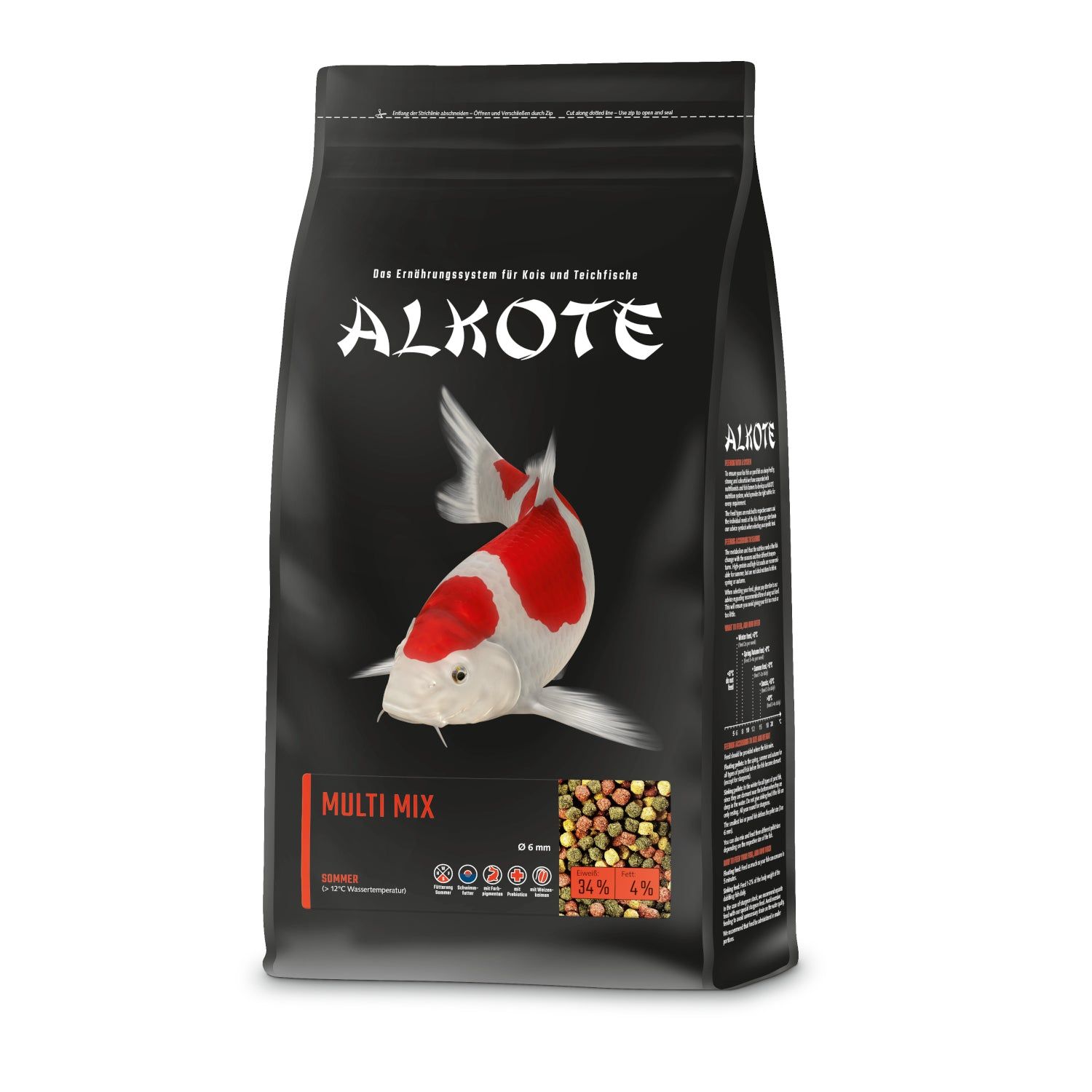 Schwarze Verpackung mit ALKOTE-Logo und Koi-Fisch-Illustration. Text: Multi Mix, 6 mm. Enthält Fischfutter-Granulat.