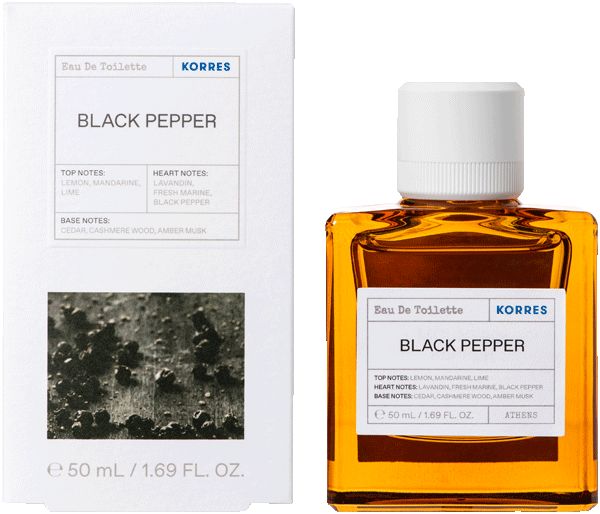 KORRES Eau de Toilette Black Pepper. Flakon und Verpackung. Eckiger Flakon, transparente Flüssigkeit, weißer Deckel. Verpackung mit Text.