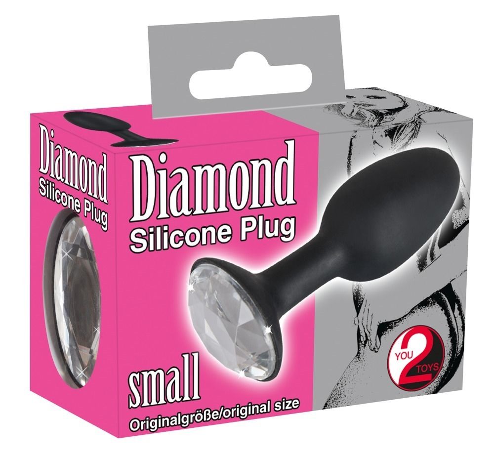 Schwarzer Silikon-Plug mit Diamant-Optik. Verpackung mit Produktname und Logo. Aufschrift: "small".